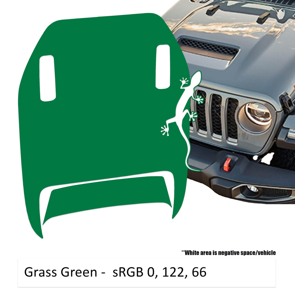 Grass green Crawling Gecko Lizard Clawed Foot JL JT Mojave hood decal on Jeep Wrangler