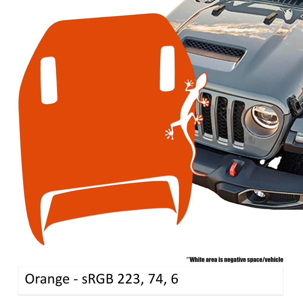 Orange Crawling Gecko Lizard Clawed Foot JL JT Mojave hood decal on Jeep Wrangler hood panel