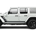 Black geometric double body line stripe vinyl decal kit installed on a white Jeep Wrangler JLU door panel