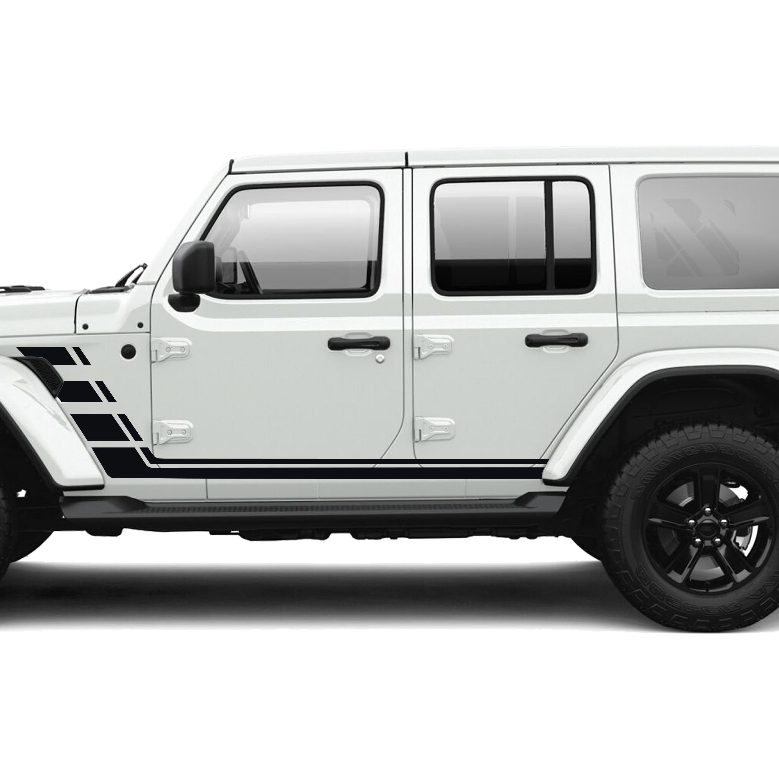 Black geometric double body line stripe vinyl decal kit installed on a white Jeep Wrangler JLU door panel