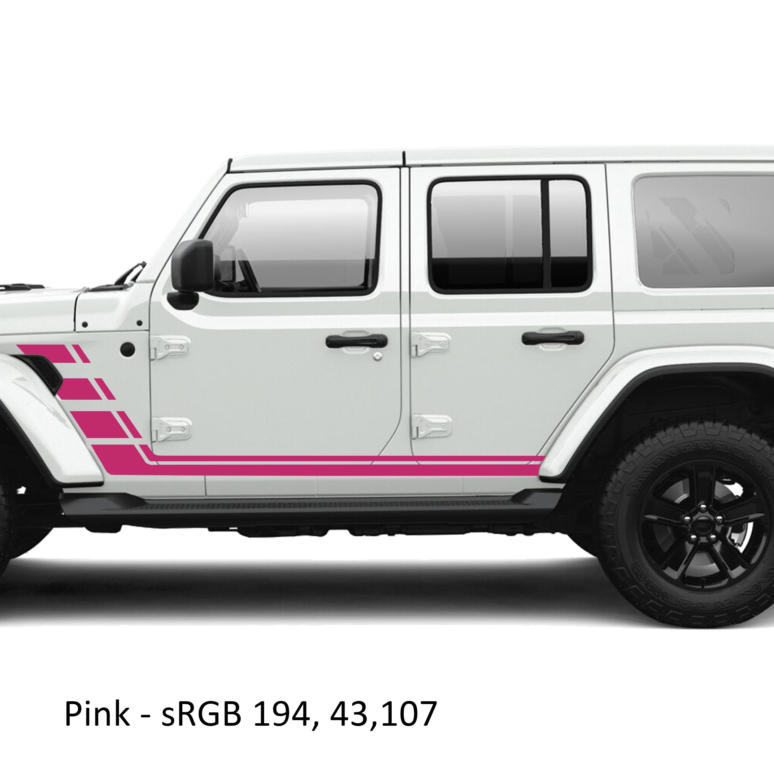 Pink geometric double body line stripe vinyl decal kit installed on a white Jeep Wrangler JLU door panel