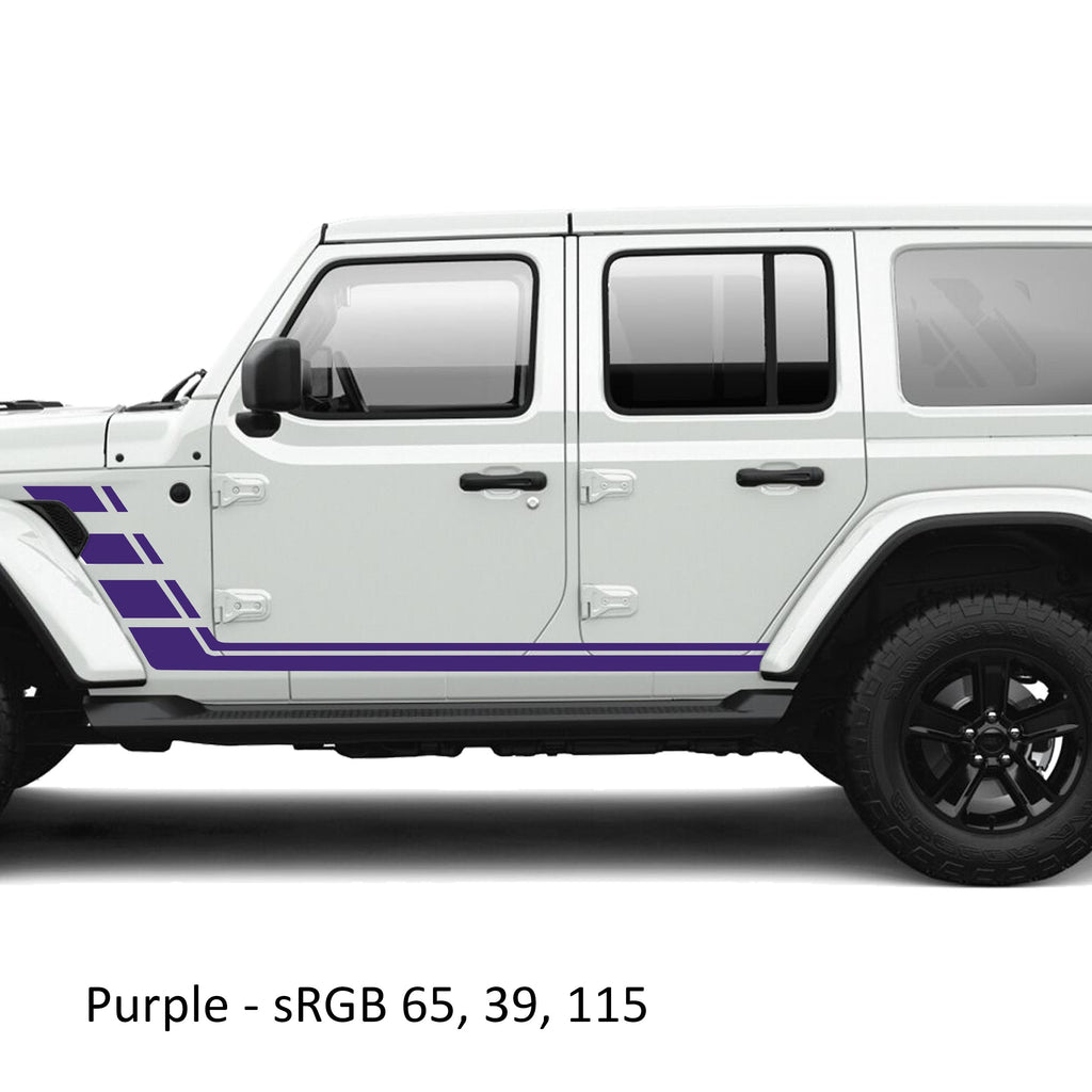Purple geometric double body line stripe vinyl decal kit installed on a white Jeep Wrangler JLU door panel