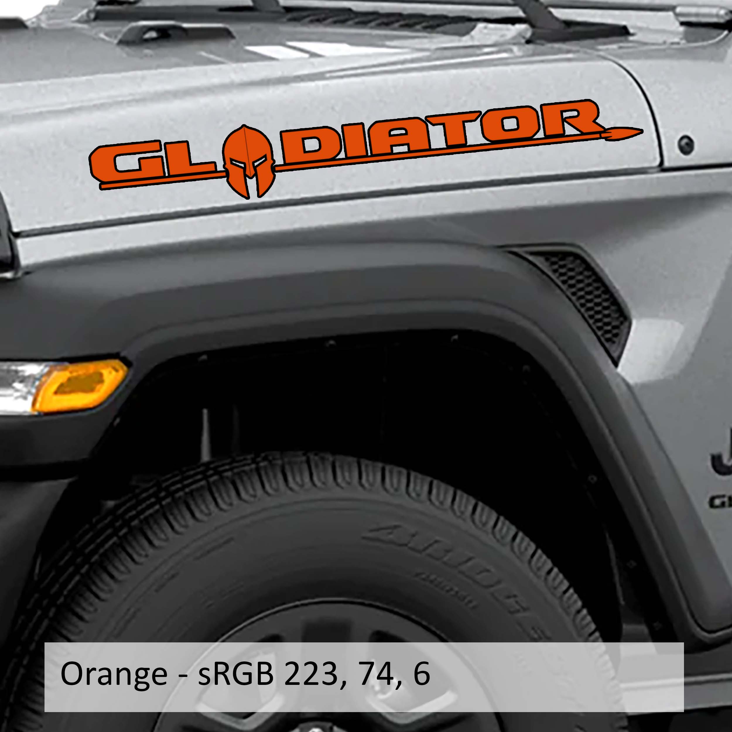 Hood Lettering Decals Fits JT Gladiator - Outlined Gladiator Lettering w/ Spartan Helmet Vinyl Decal
