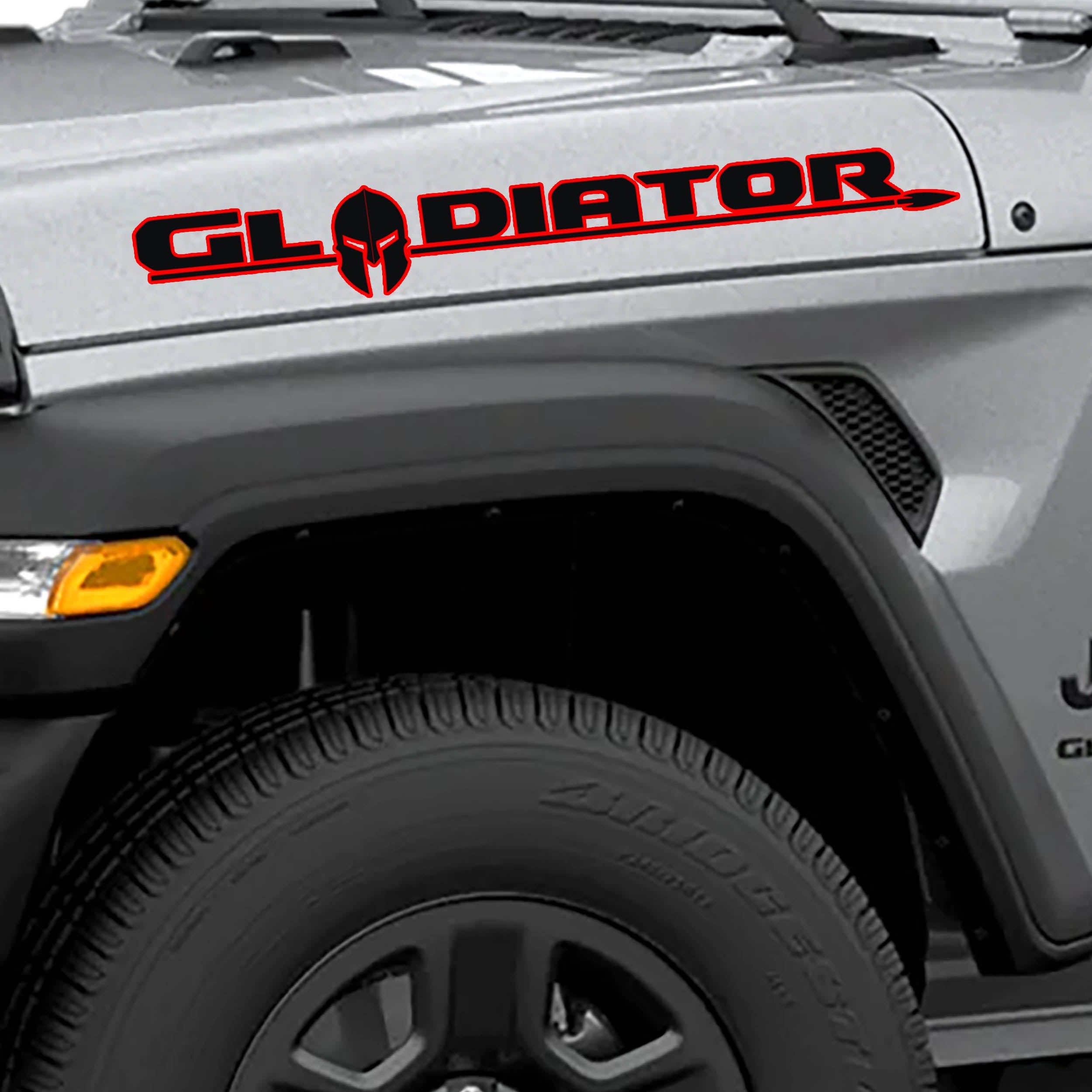 Hood Lettering Decals Fits JT Gladiator - Outlined Gladiator Lettering w/ Spartan Helmet Vinyl Decal
