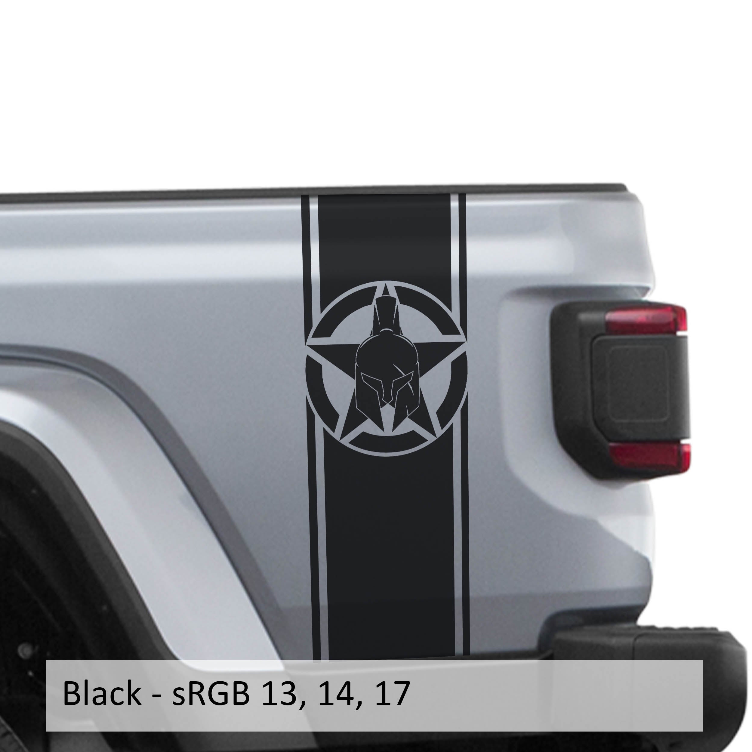 Black Gladiator Star bedside stripe decal set shown on Jeep Gladiator JT rear bed panel
