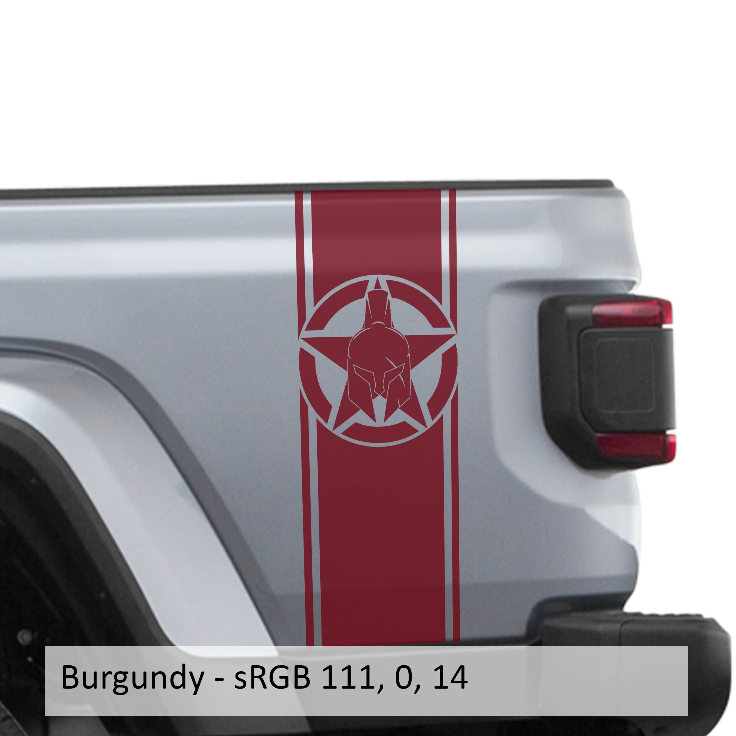 Burgundy Alpha Romeo star bedside stripe decal pair on Jeep Gladiator JT pickup bed