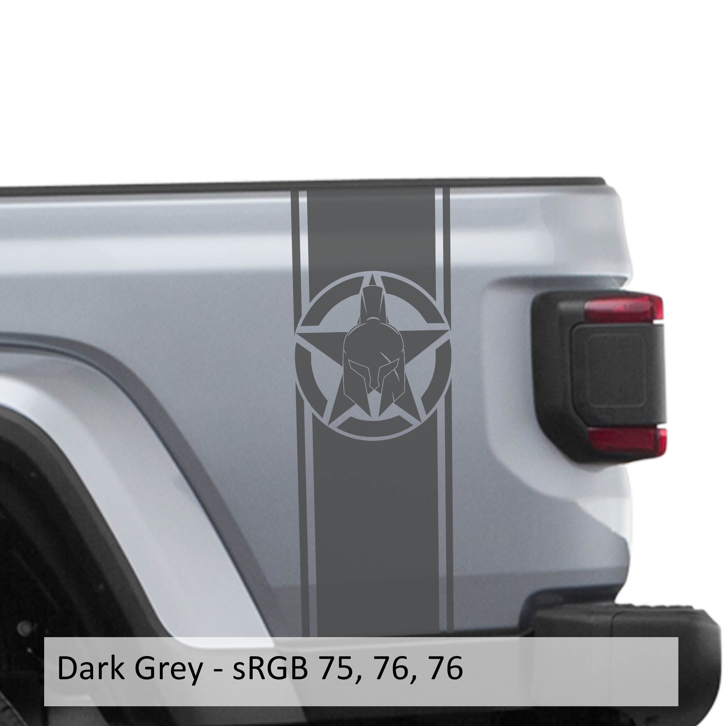 Dark gray Alpha Romeo star bedside stripe decal pair on Jeep Gladiator JT pickup bed