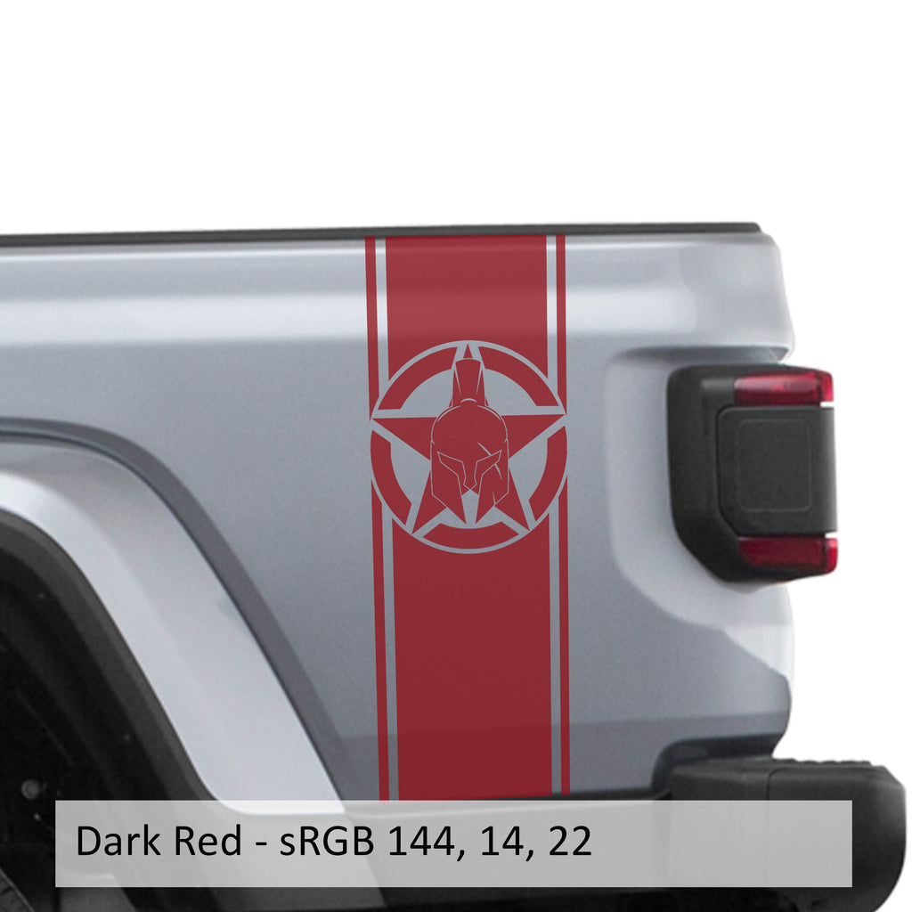 Dark red Gladiator Star bedside stripe decal set shown on Jeep Gladiator JT rear bed panel