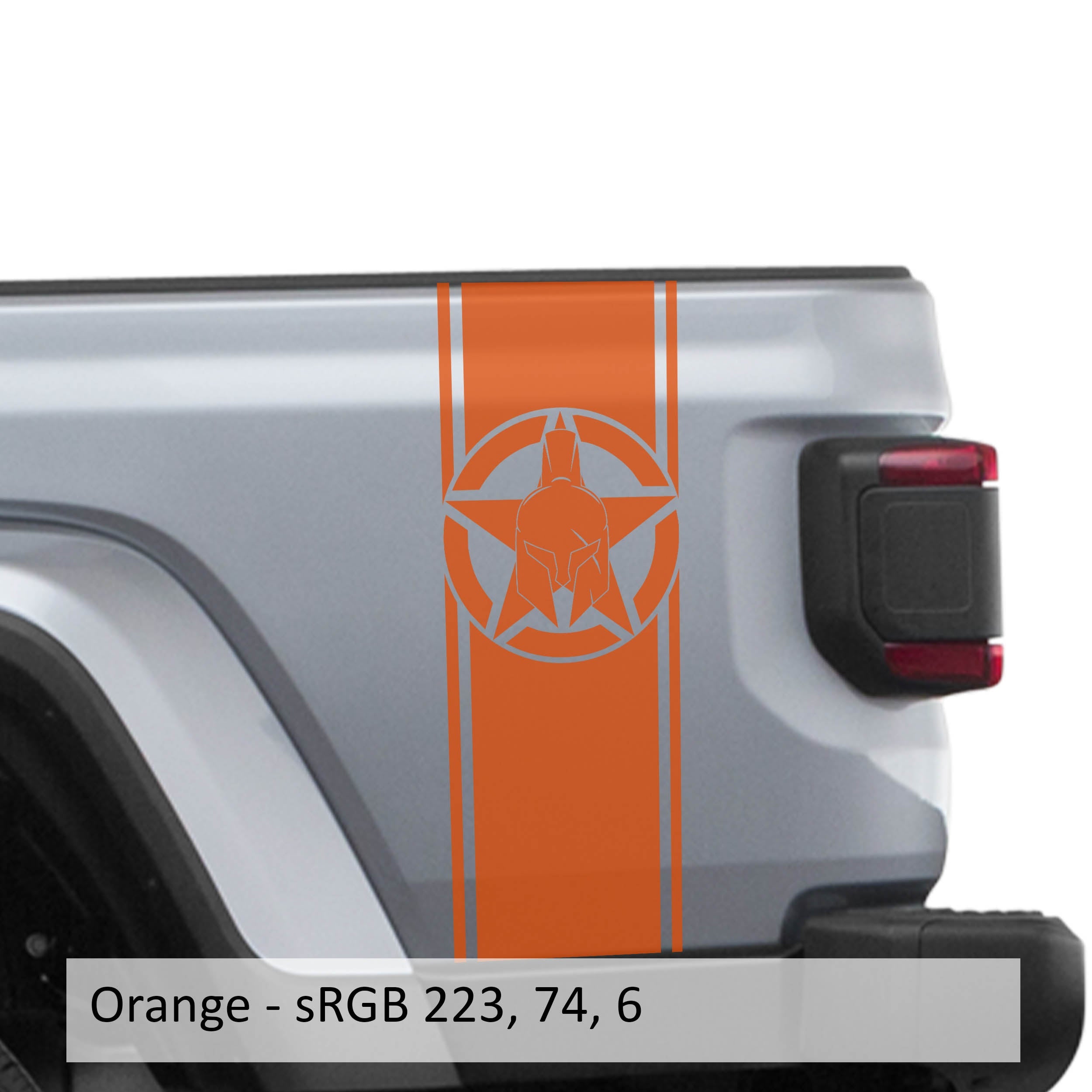 Orange Alpha Romeo star bedside stripe decal pair on Jeep Gladiator JT pickup bed