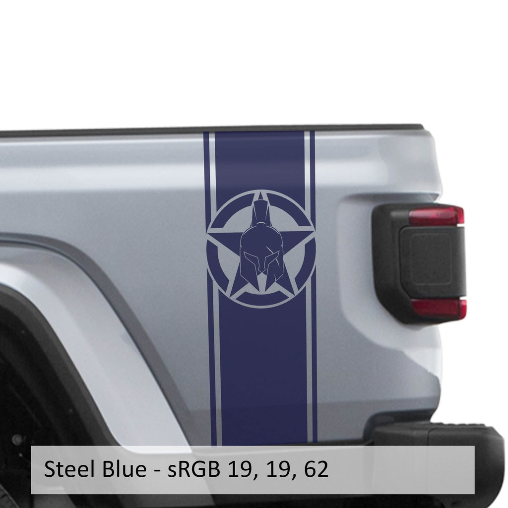 Steel blue Gladiator Star bedside stripe decal set on Jeep Gladiator JT rear bed panel