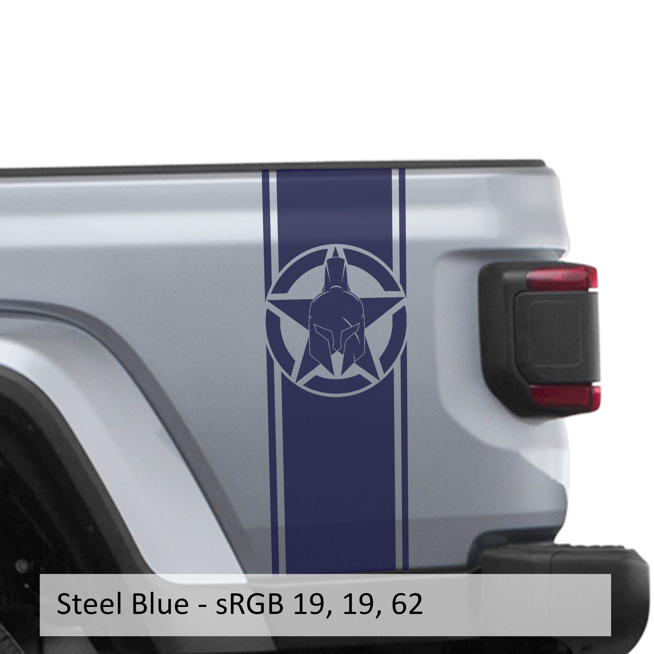 Steel blue Gladiator Star bedside stripe decal set on Jeep Gladiator JT rear bed panel