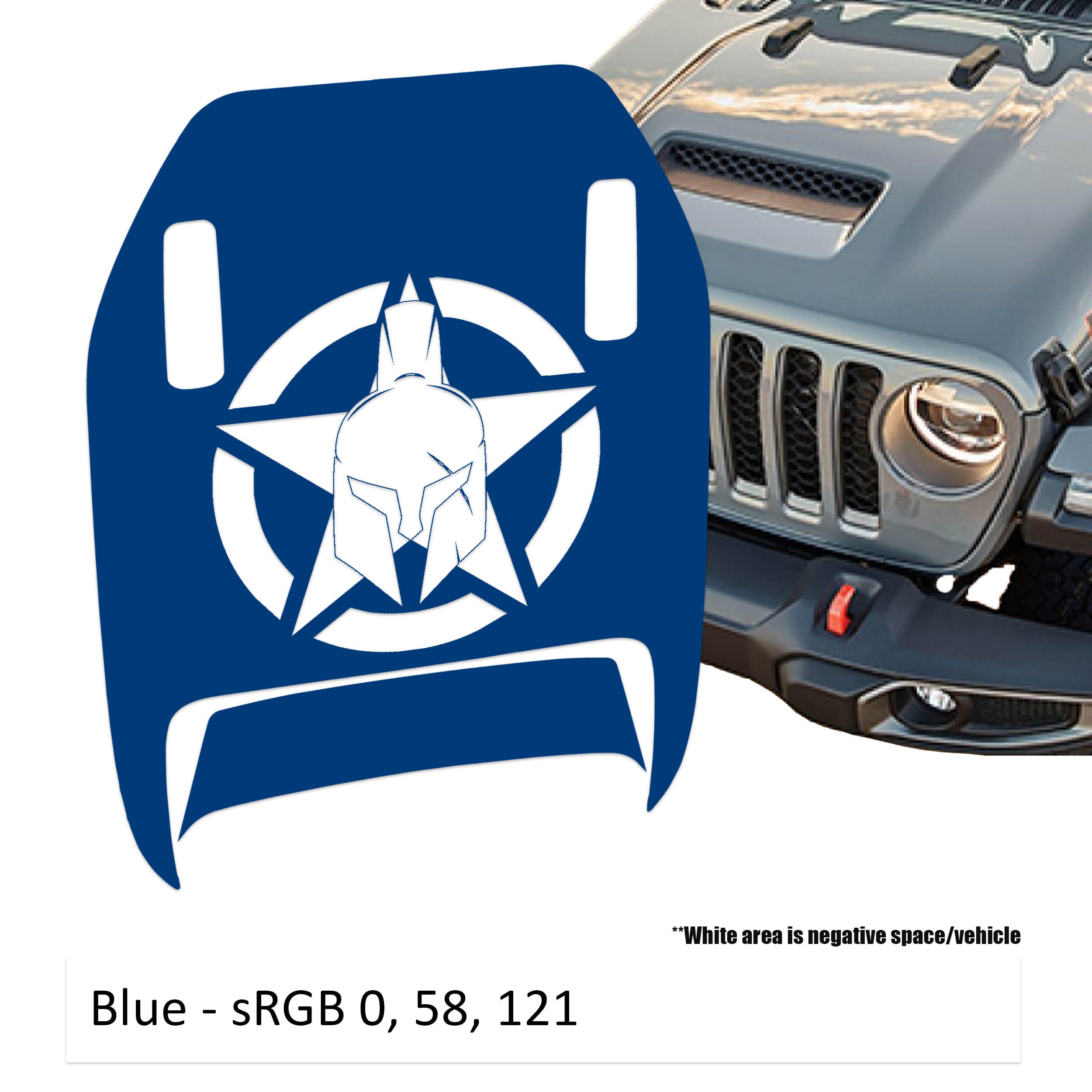 Blue Gladiator Star Clawed Foot JL JT Mojave hood decal shown on Jeep Wrangler hood panel