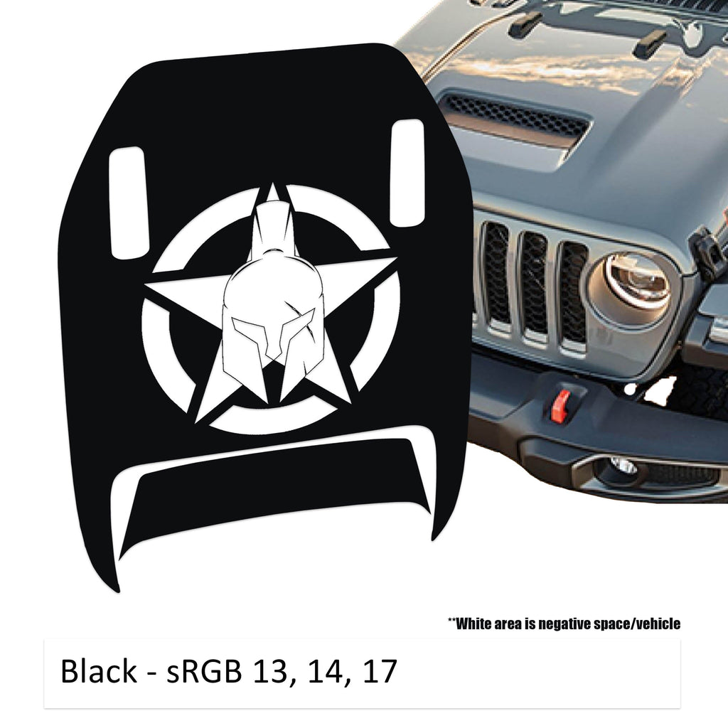 Black Gladiator Star Clawed Foot JL JT Mojave hood decal shown on Jeep Wrangler hood panel