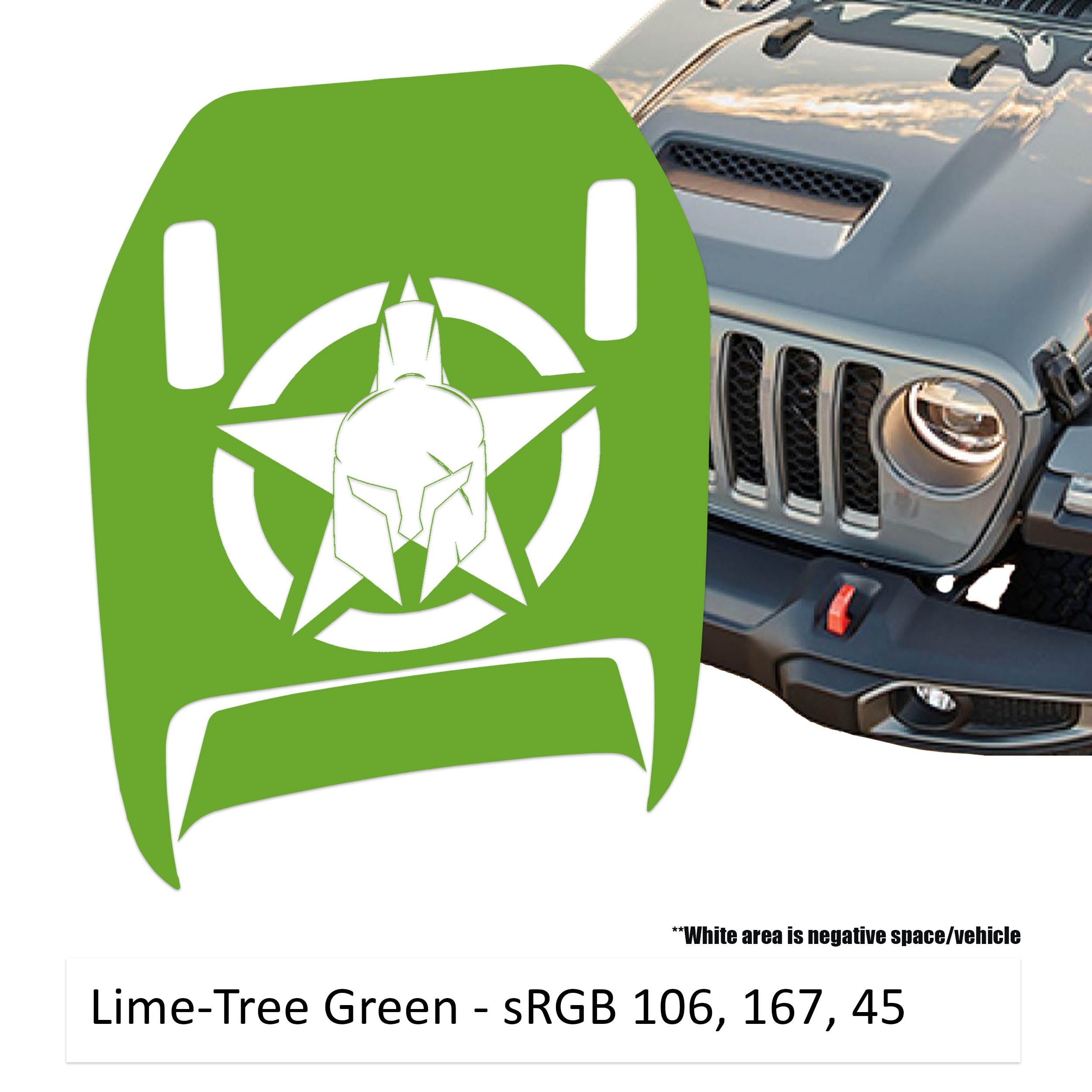 Lime green Gladiator Star Clawed Foot JL JT Mojave hood decal on Jeep Wrangler hood panel