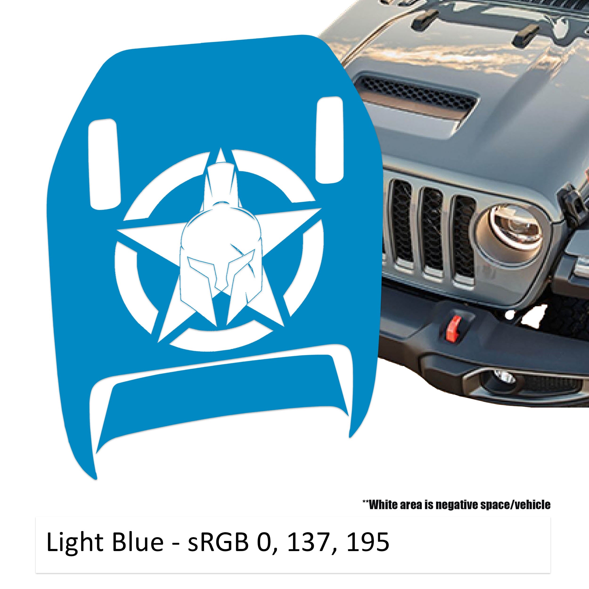 Light blue Gladiator Star Clawed Foot JL JT Mojave hood decal on Jeep Wrangler hood panel