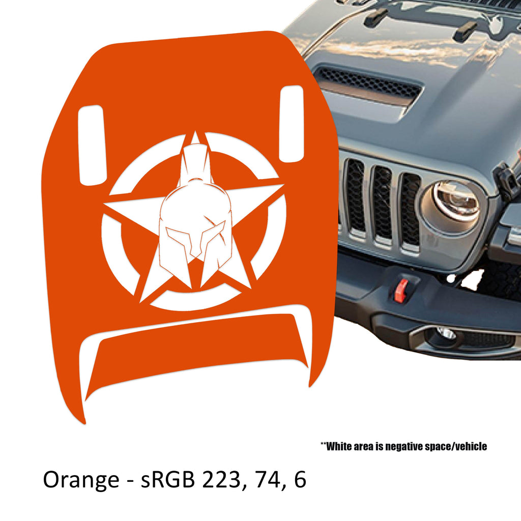 Orange Gladiator Star Clawed Foot JL JT Mojave hood decal shown on Jeep Wrangler hood panel