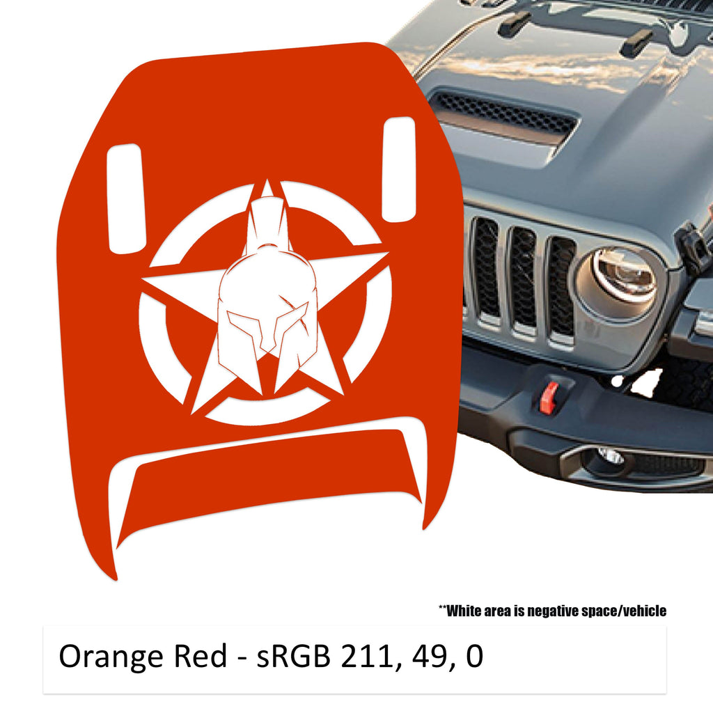 Orange-red Gladiator Star Clawed Foot JL JT Mojave hood decal on Jeep Wrangler hood