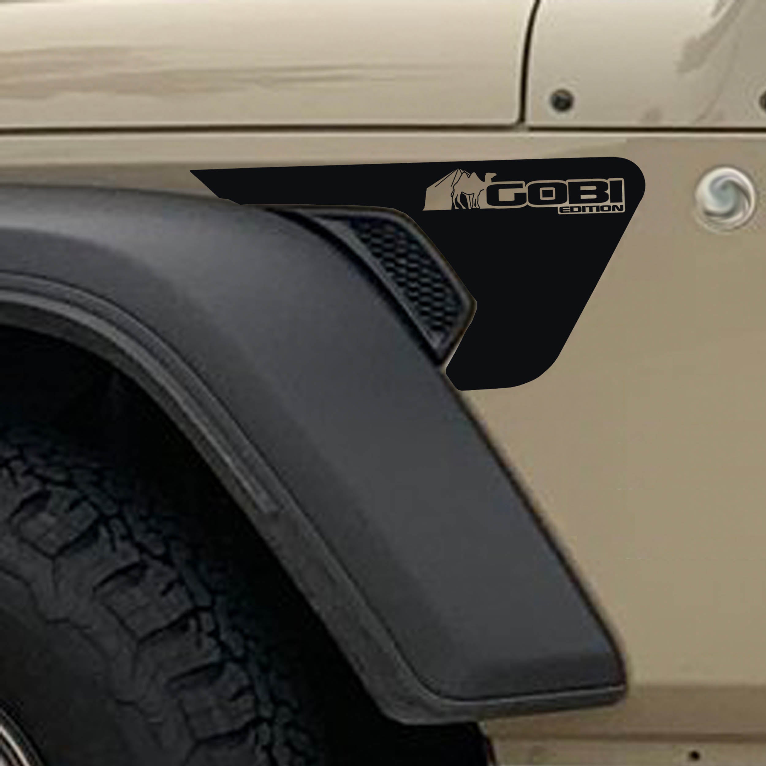 Black Gobi Edition fender vent decal installed on silver Jeep Wrangler JL Gladiator billet vent