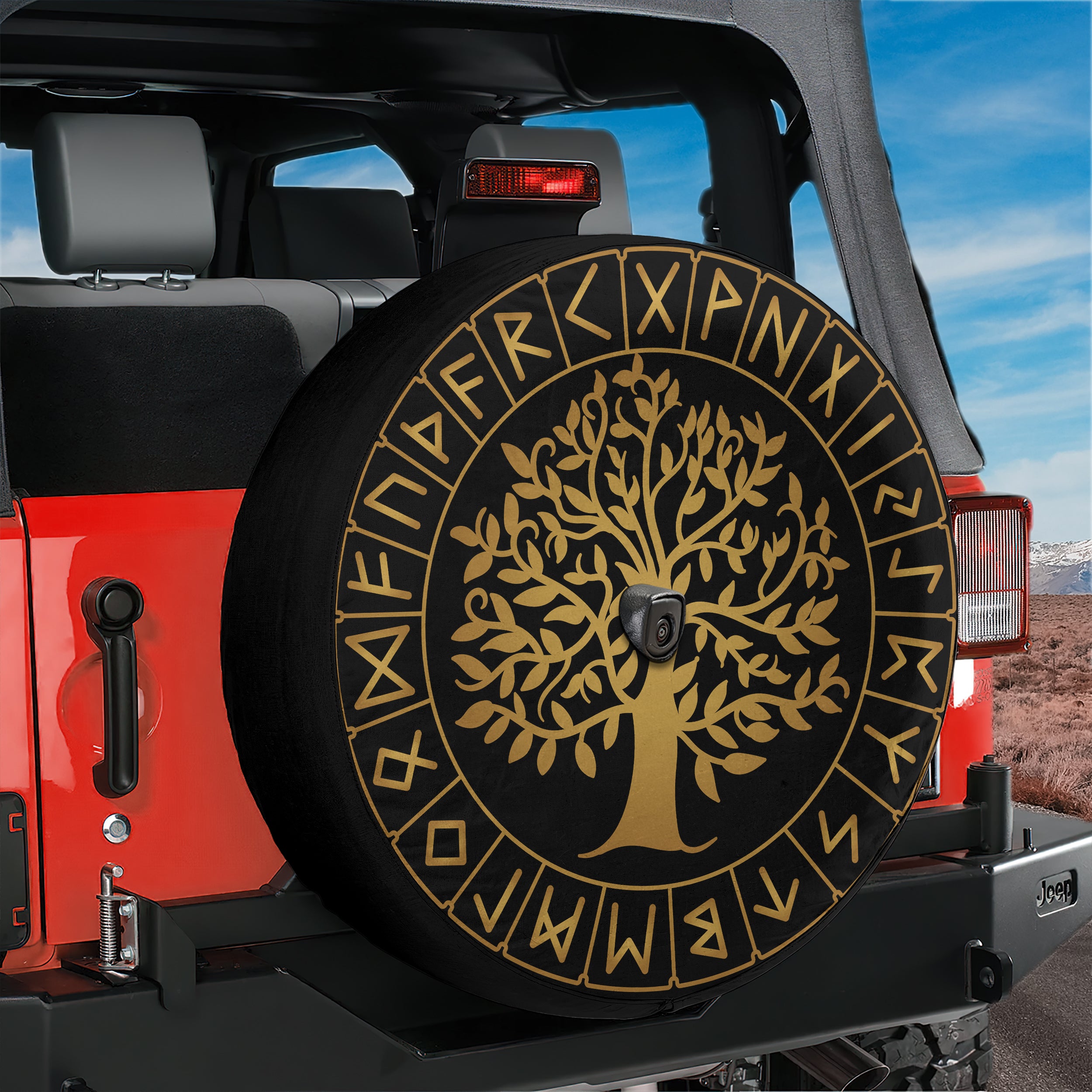 Golden Runes of Yggdrasil Viking Tree of Life Spare Tire Cover With Backup Camera Hole
