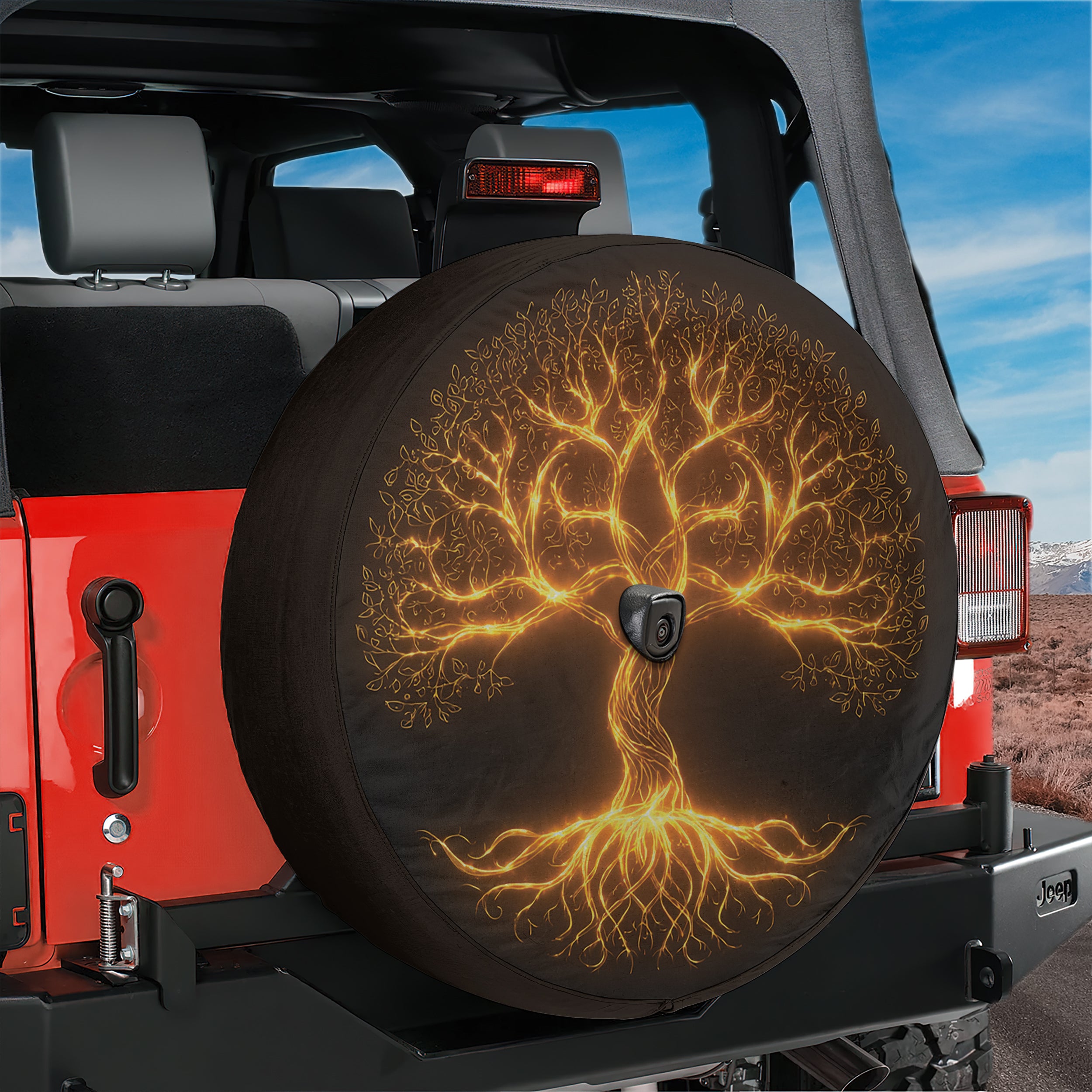 Golden Yggdrasil Tree of Life Spare Tire Cover