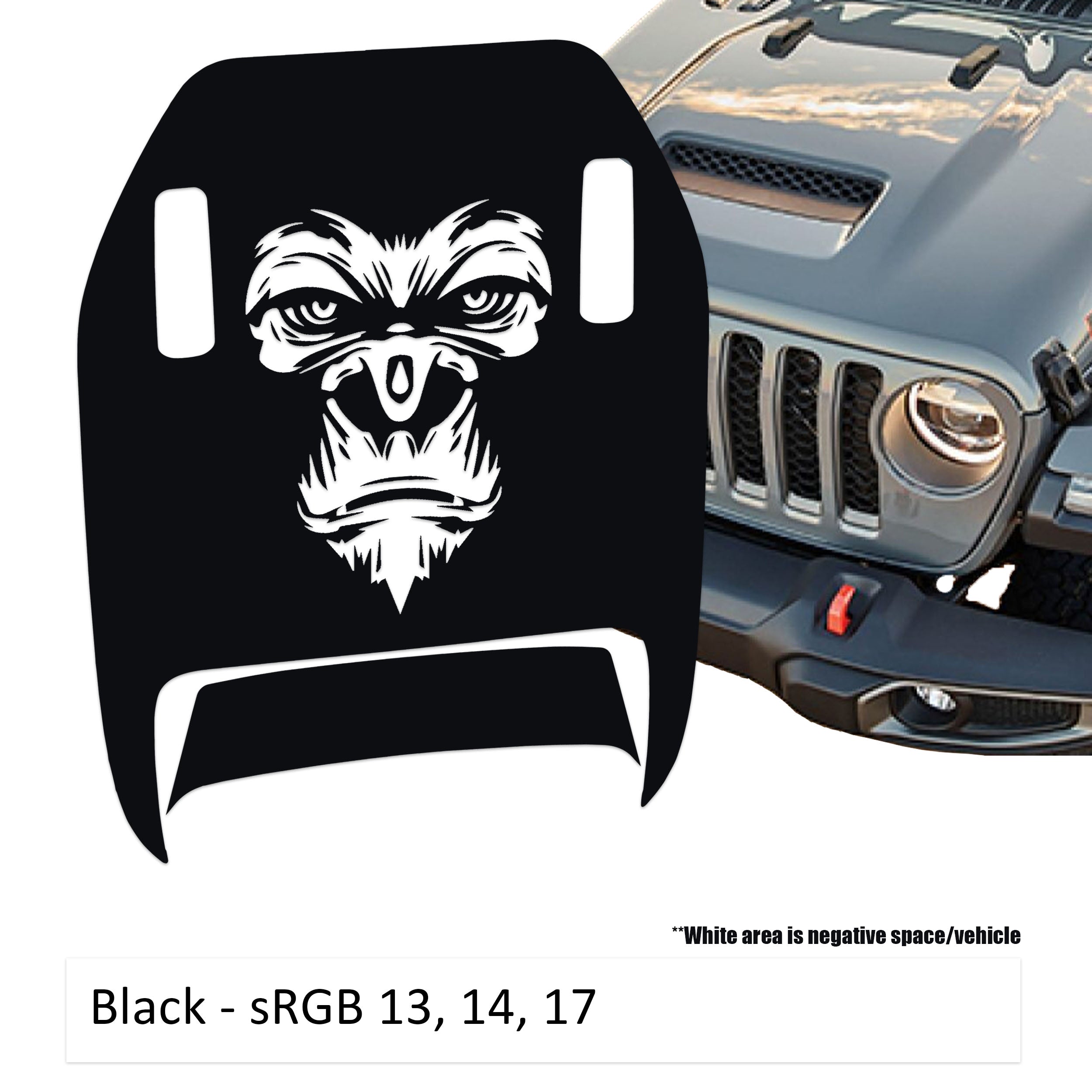 Black gorilla face clawed foot hood decal mock-up next to silver Jeep Wrangler JL grille