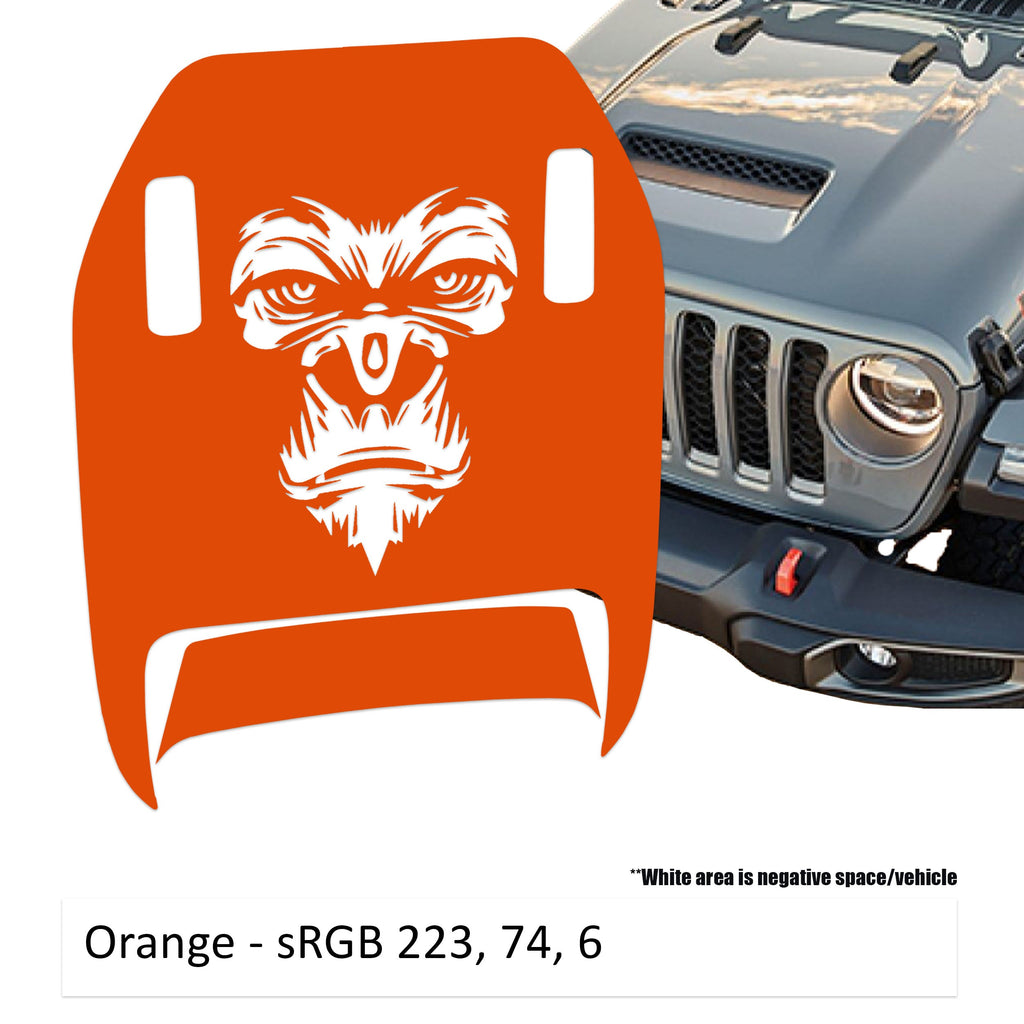 Orange gorilla face clawed foot hood decal mock-up next to silver Jeep Wrangler JL grille