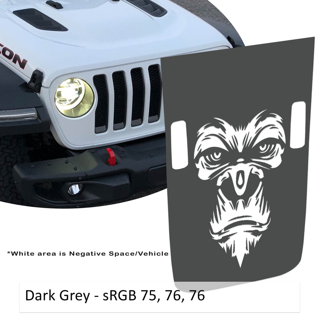 Dark gray Gorilla Monkey Power-Dome blackout hood decal for Jeep Wrangler JL Gladiator JT