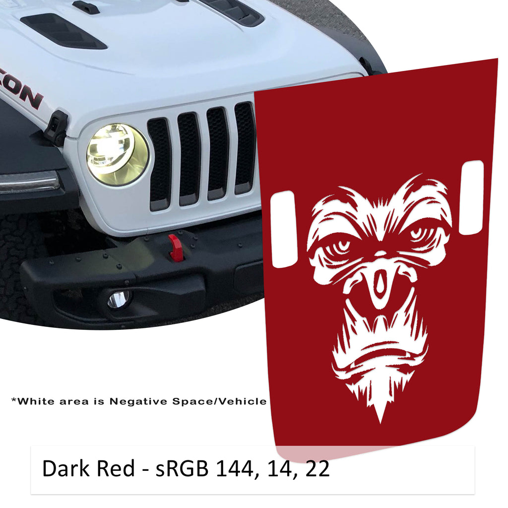 Dark red Gorilla Monkey Power-Dome blackout hood decal for Jeep Wrangler JL Gladiator JT