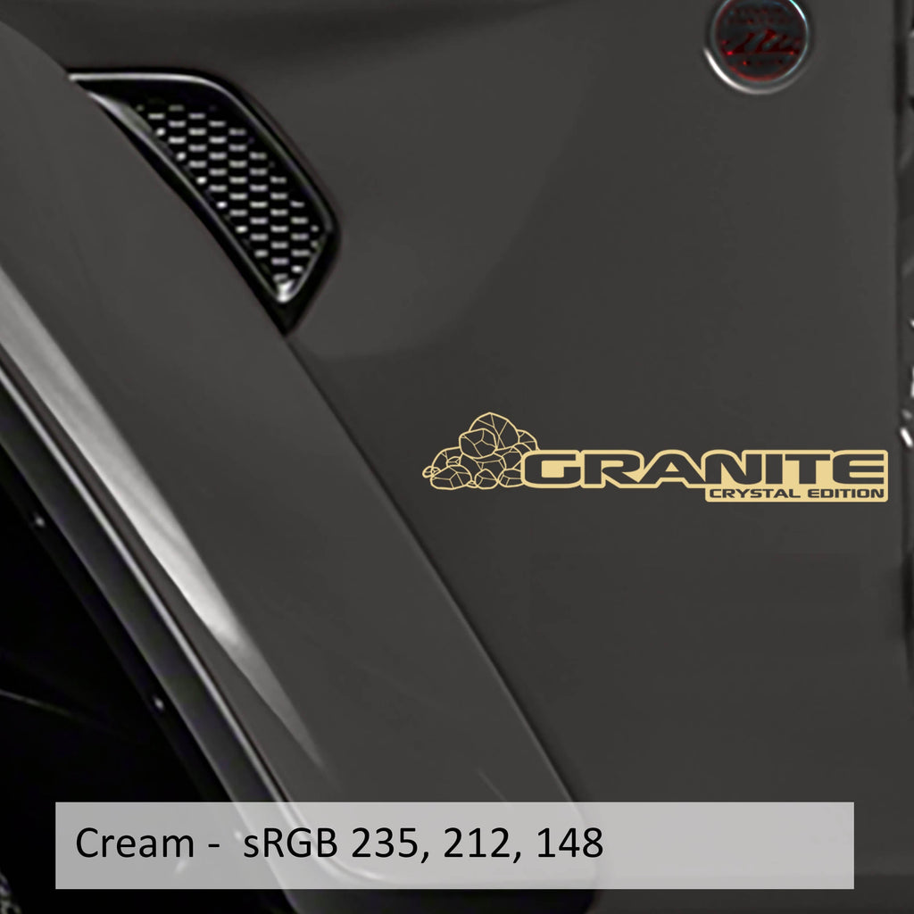 Cream Granite Crystal Edition rock fender decal pair on Jeep Wrangler JL Gladiator JT side hood