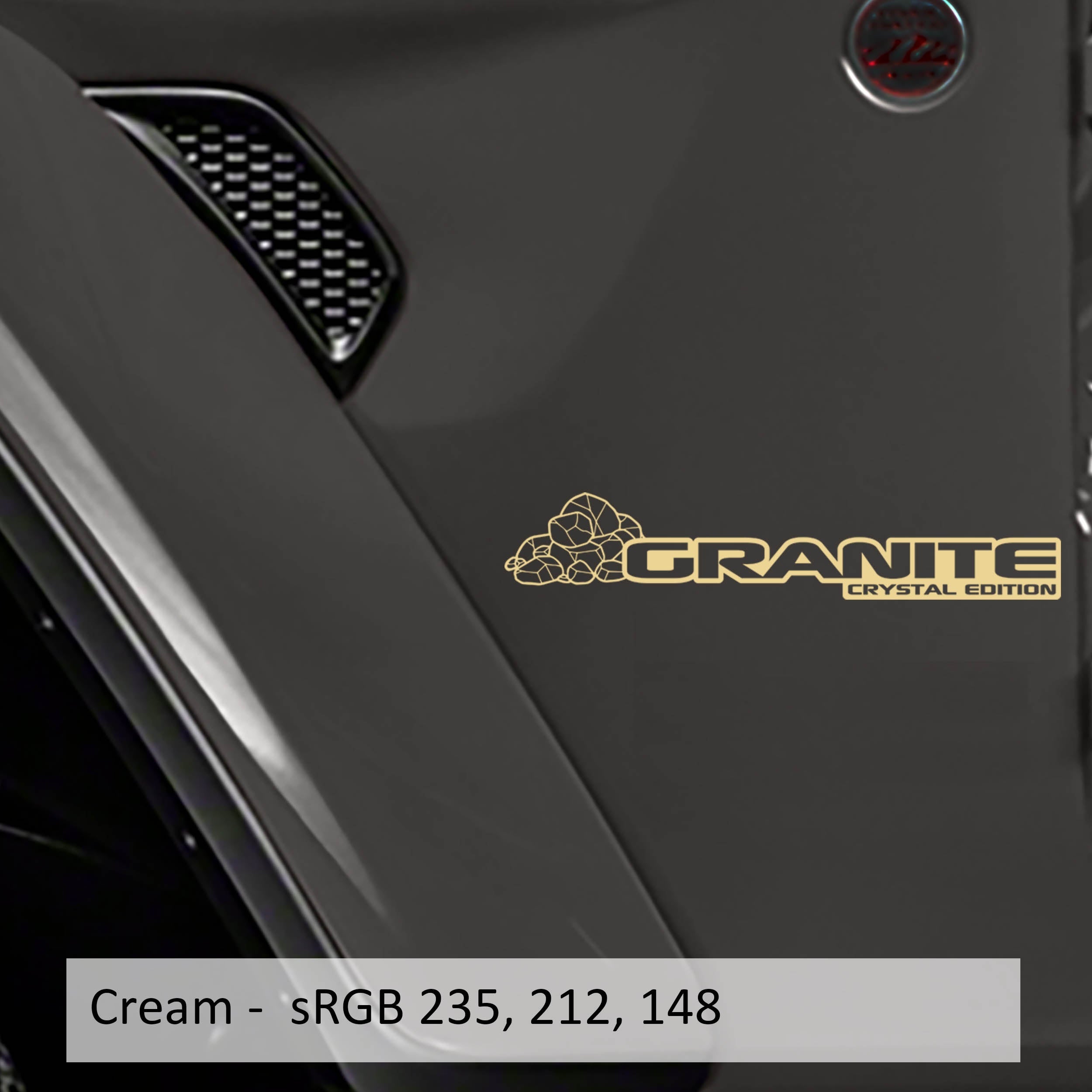 Cream Granite Crystal Edition rock fender decal pair on Jeep Wrangler JL Gladiator JT side hood