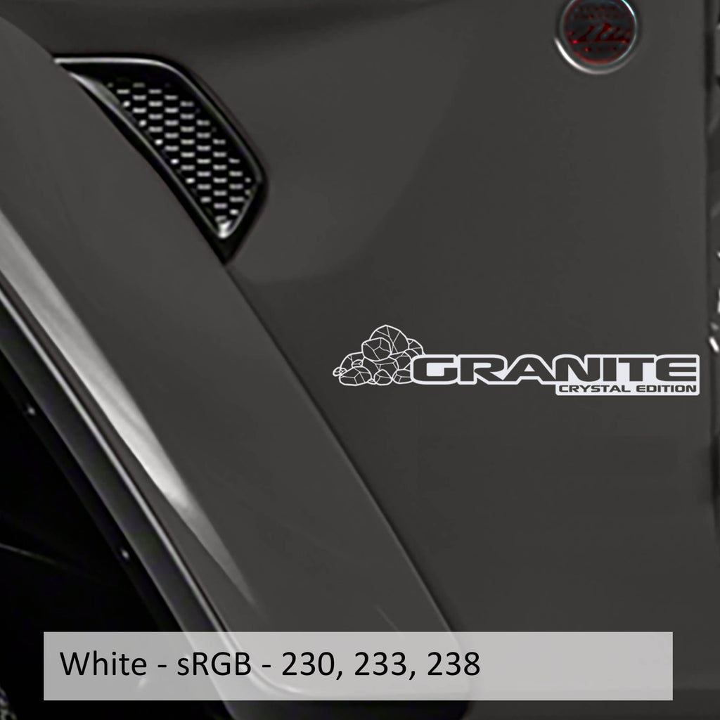 White Granite Crystal Edition rock fender decal pair installed on Jeep Wrangler JL Gladiator JT