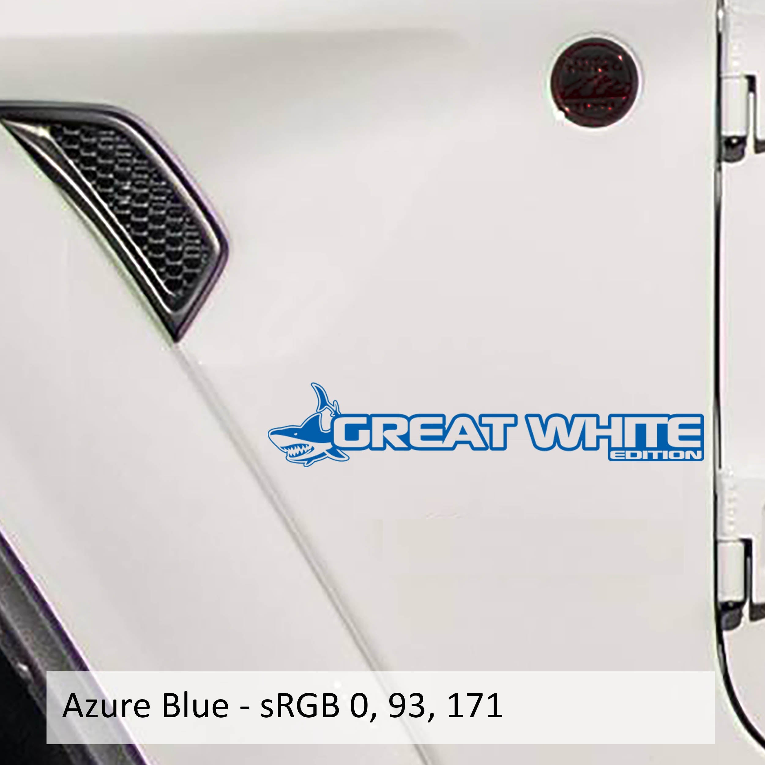 Great White Edition Wrangler JL Gladiator JT fender decal pair pictured in azure blue vinyl swatch