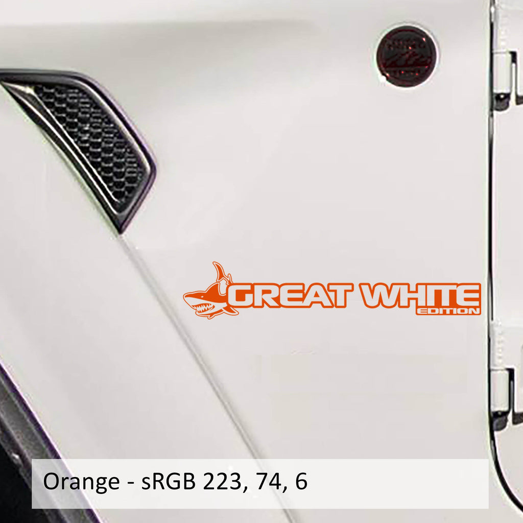 Great White Edition Wrangler JL Gladiator JT fender decal pair pictured in bright orange vinyl swatch
