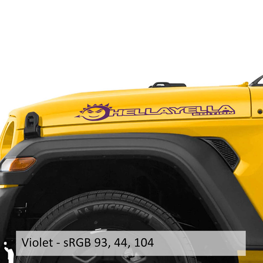 Violet Hella Yella Edition Jeep side hood decal pair shown on transparent transfer sheet preview