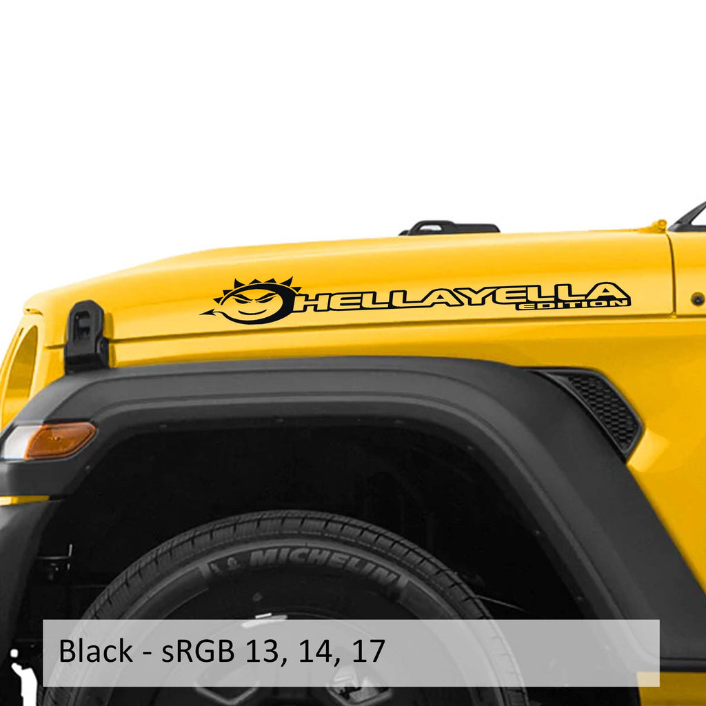Black Hella Yella Edition Jeep side hood decal pair shown on transparent transfer sheet preview
