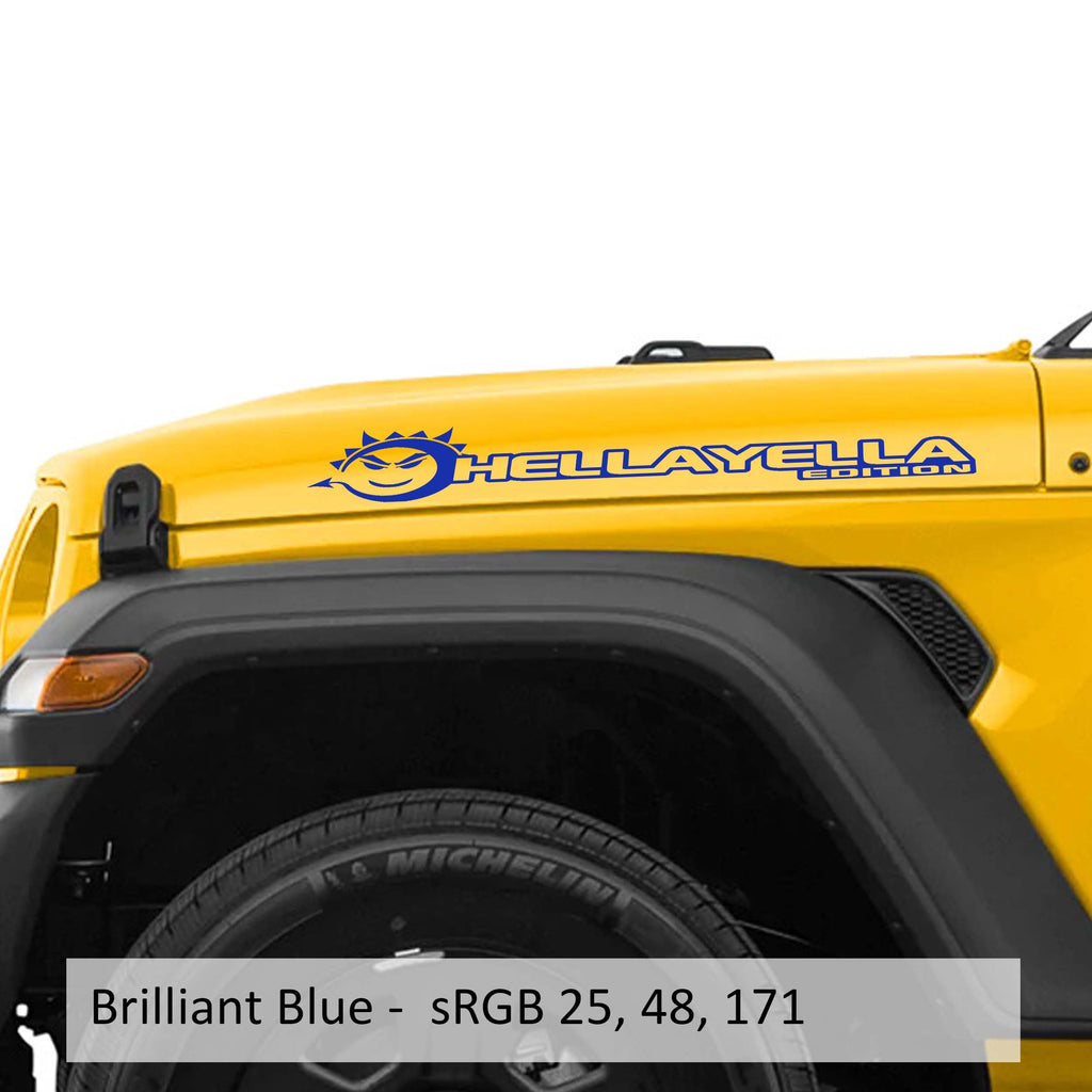 Brilliant blue Hella Yella Edition Jeep side hood decal pair on transparent transfer sheet preview
