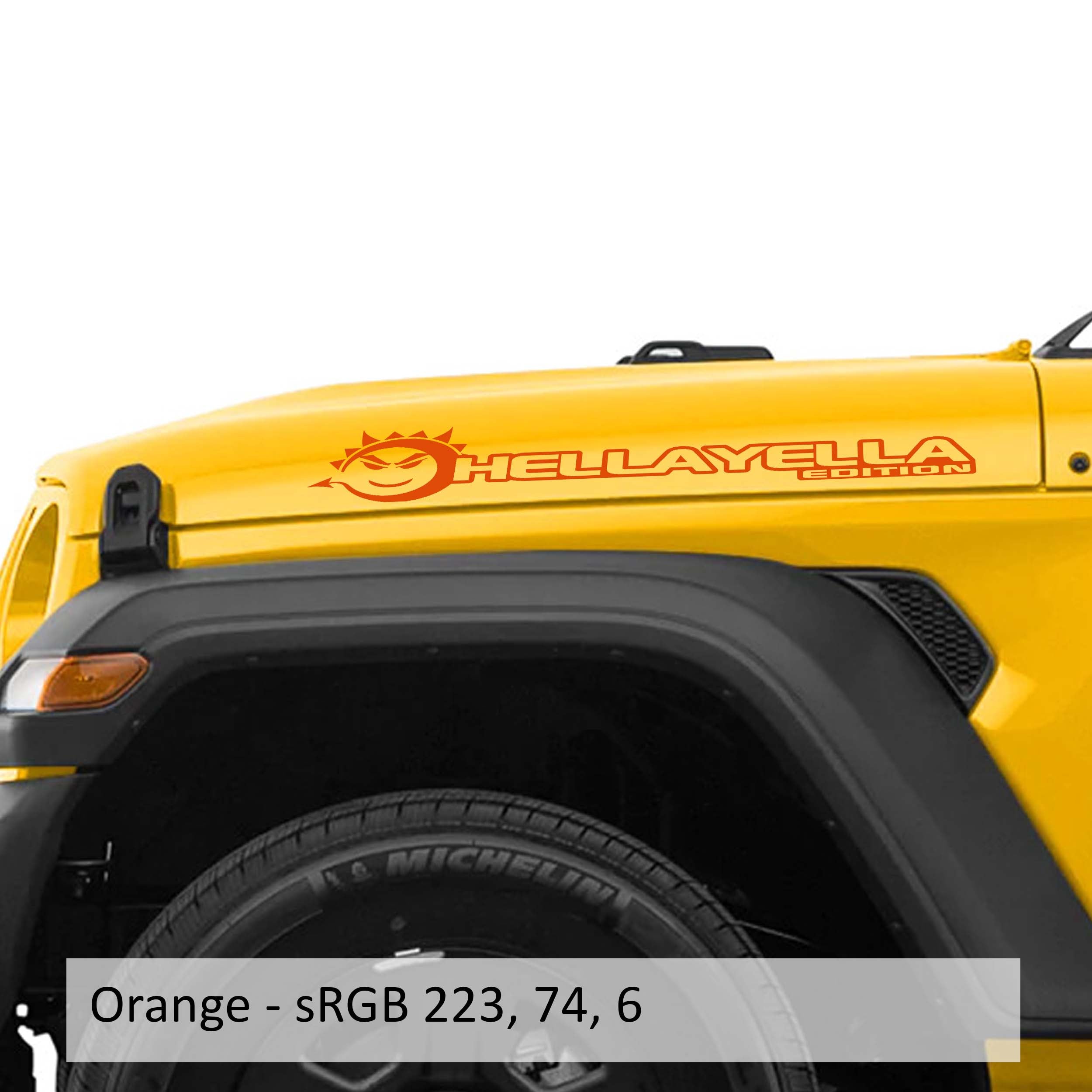 Orange Hella Yella Edition Jeep side hood decal pair shown on transparent transfer sheet preview