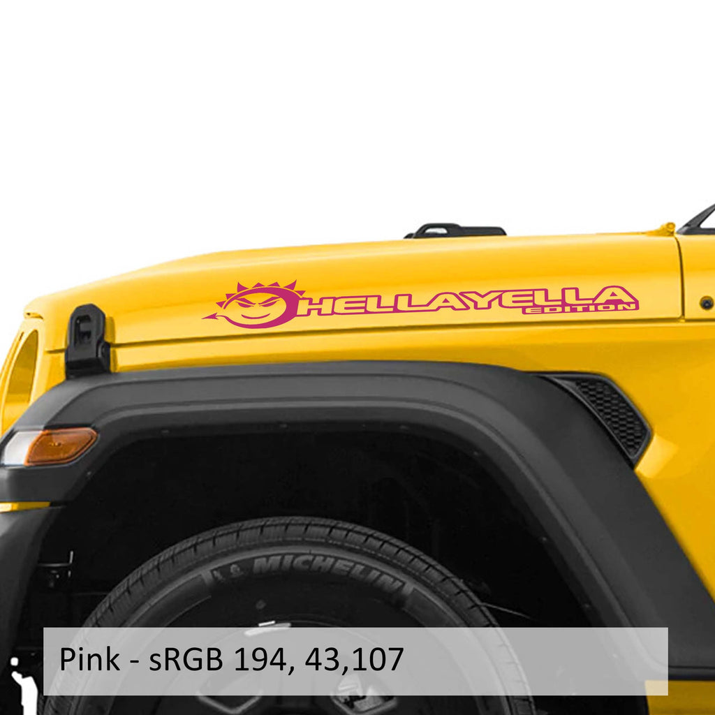 Pink Hella Yella Edition Jeep side hood decal pair shown on transparent transfer sheet preview