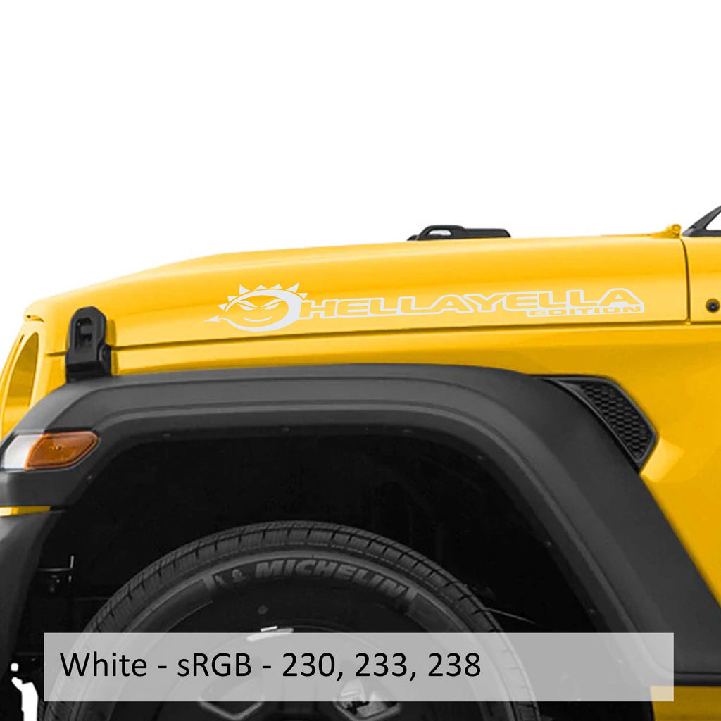 White Hella Yella Edition Jeep side hood decal pair shown on transparent transfer sheet preview