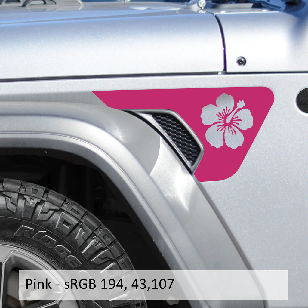 Pink hibiscus flower fender vent decals applied to silver Jeep Wrangler JL billet vent panel