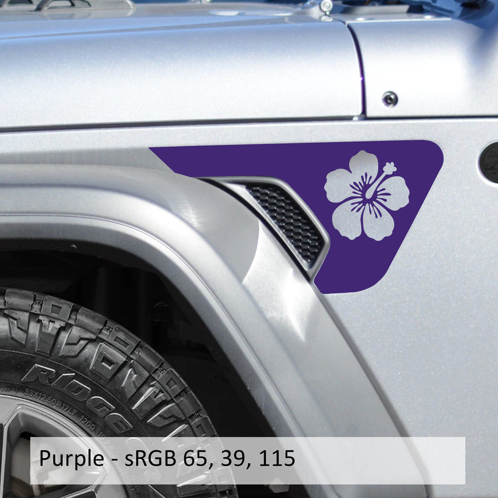 Purple hibiscus flower fender vent decals shown on Jeep Wrangler JL billet vent fender panel