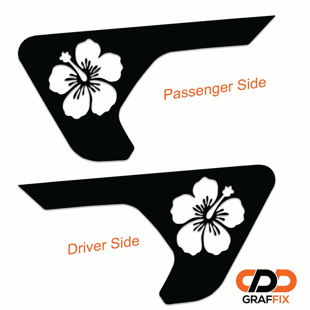 White hibiscus flower fender vent decals applied to silver Jeep Wrangler JL billet vent panel