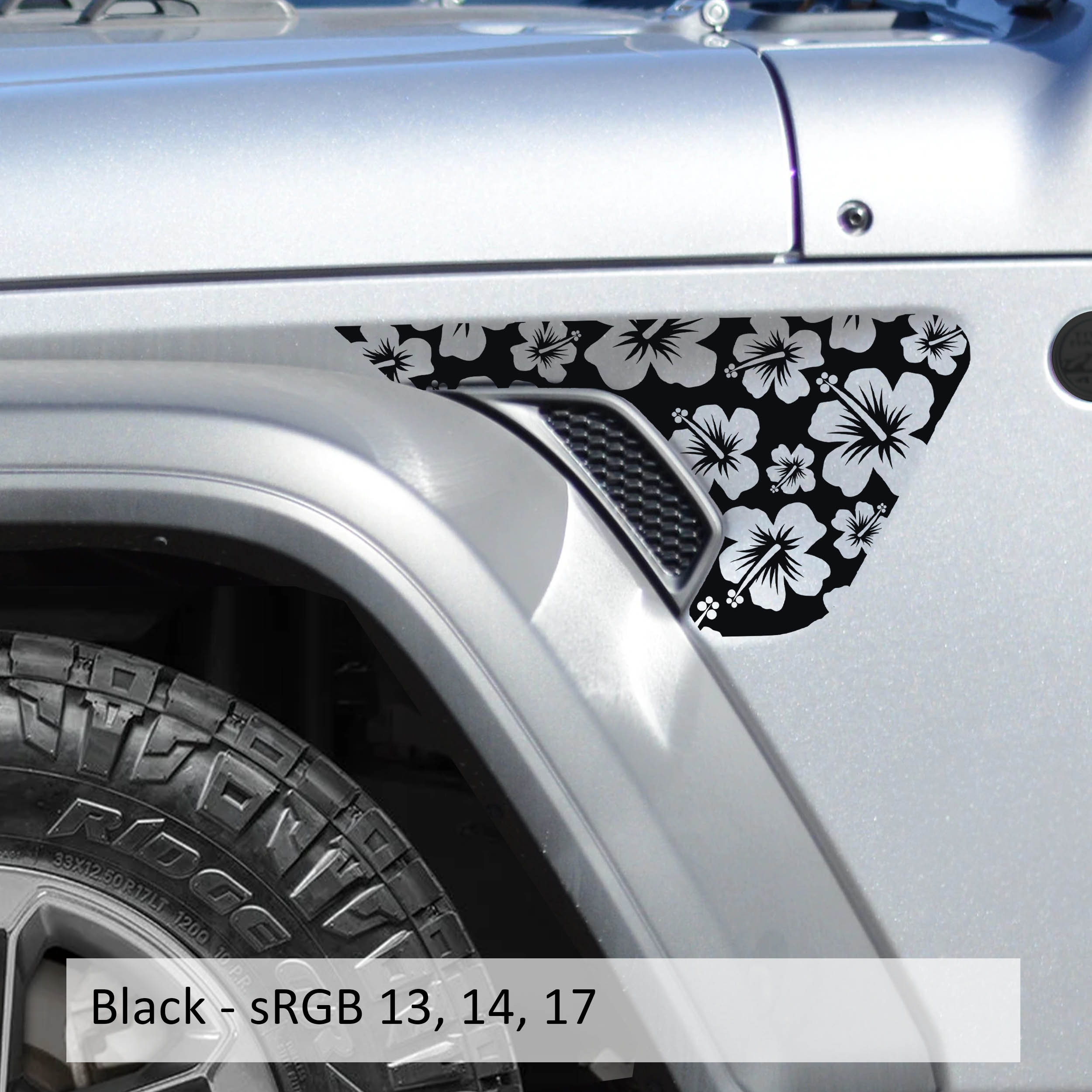 Black hibiscus flower fender vent vinyl decal mounted on JL JT billet vent panel close-up
