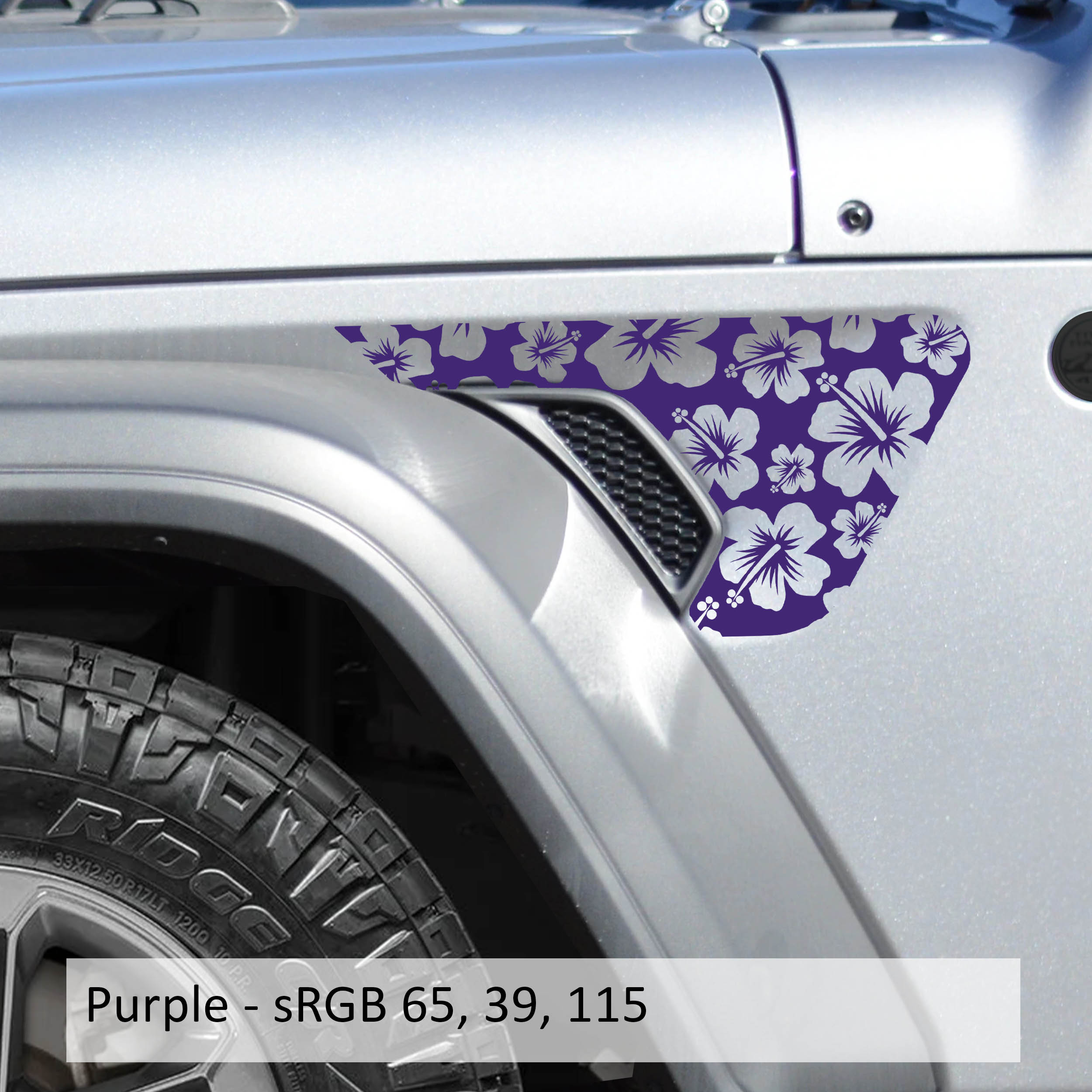 Purple hibiscus flower fender vent vinyl decal mounted on JL JT billet vent panel close-up