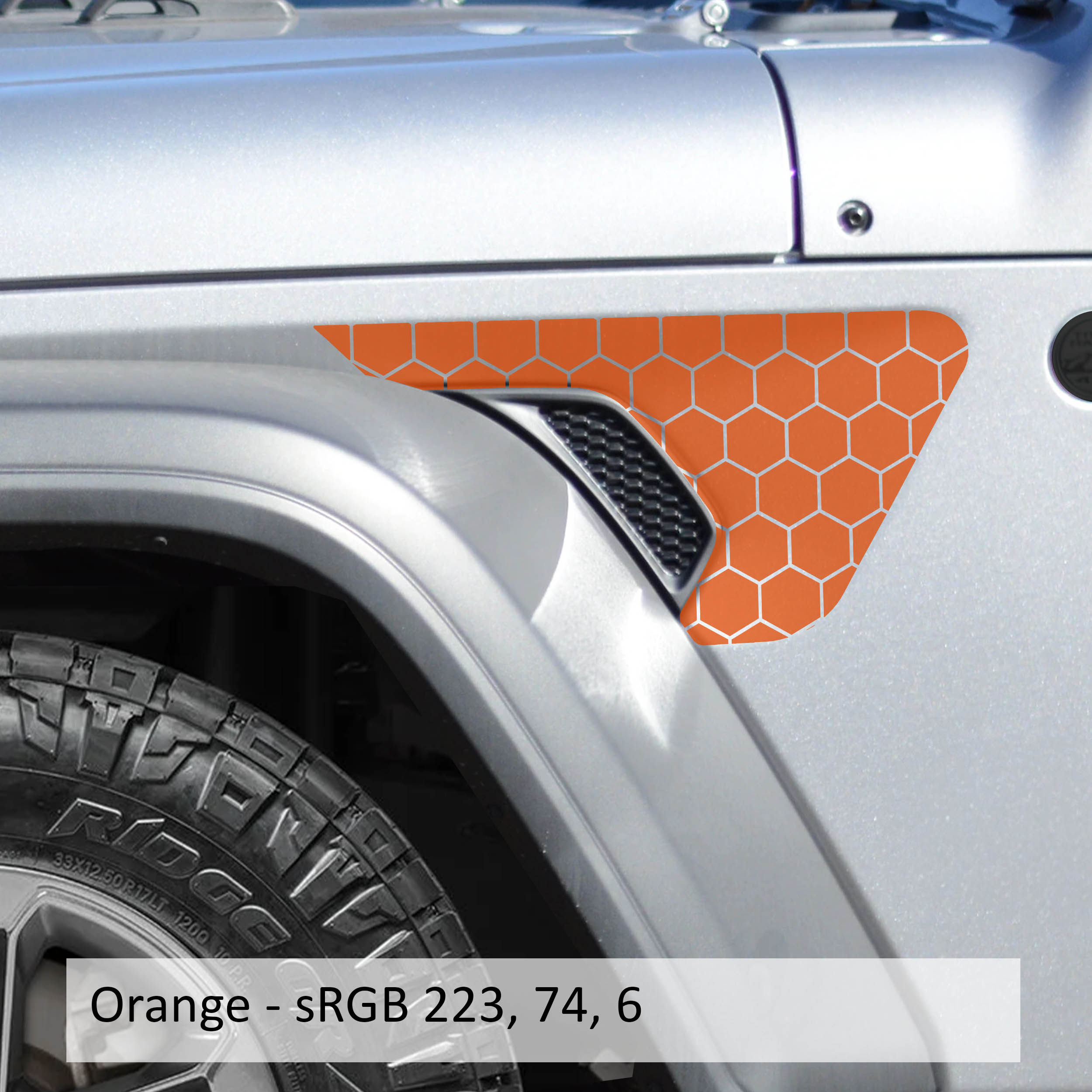 Orange honeycomb hex mesh billet fender vent transfer decal on JL Wrangler or JT Gladiator