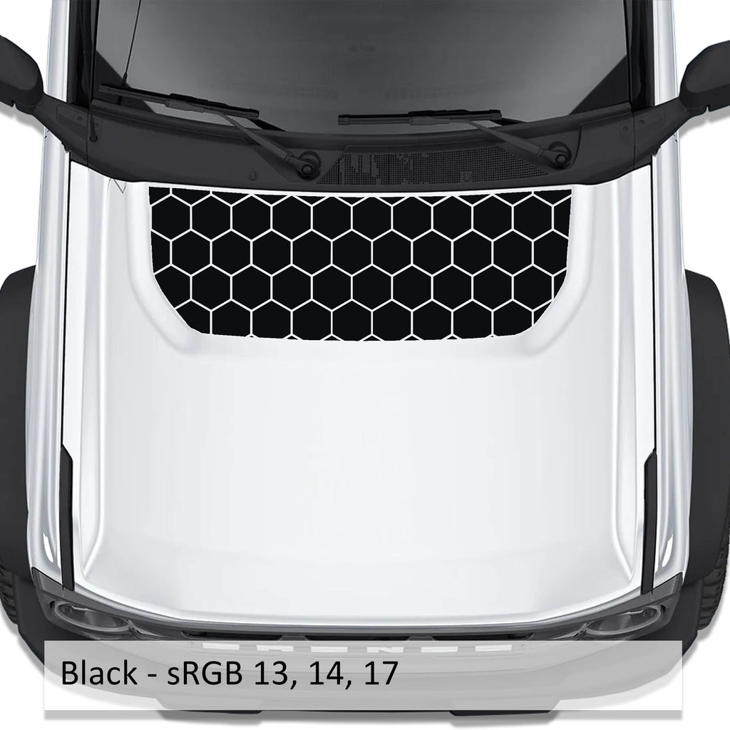 Honeycomb Hex Mesh blackout hood vinyl decal in black shown installed on the hood of a 2021+ Ford Bronco