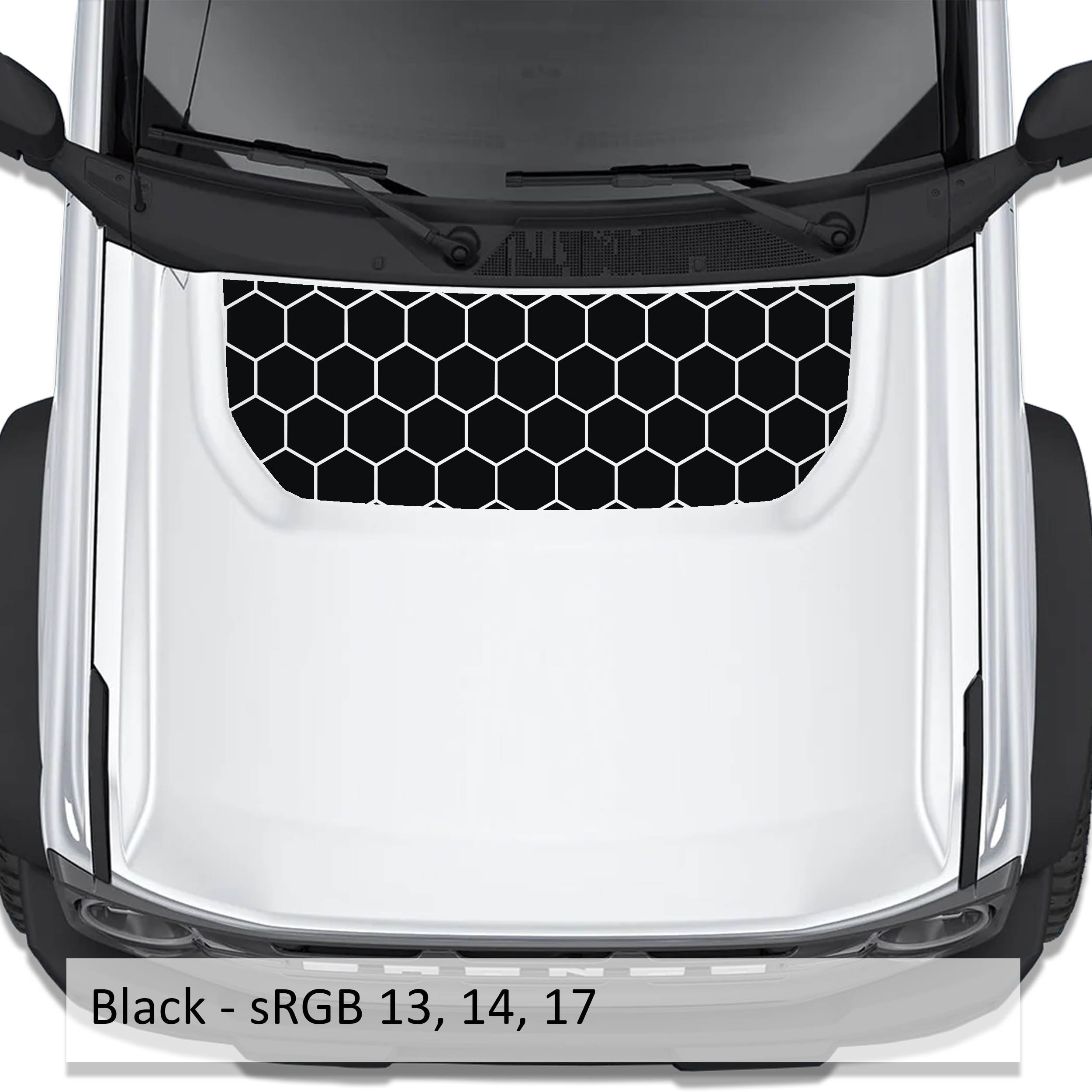 Honeycomb Hex Mesh blackout hood vinyl decal in black shown installed on the hood of a 2021+ Ford Bronco