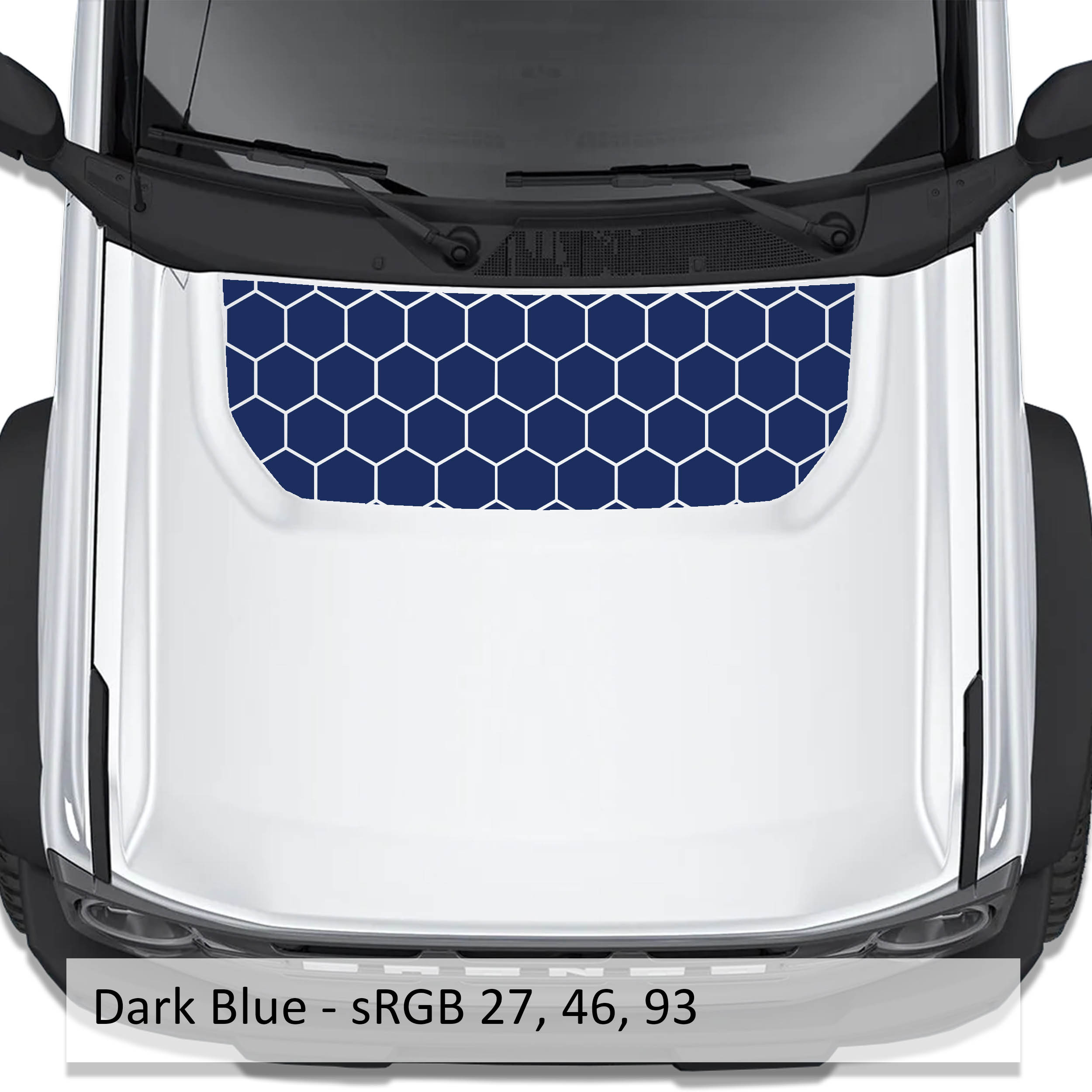 Honeycomb Hex Mesh blackout hood vinyl decal in dark blue shown installed on the hood of a 2021+ Ford Bronco