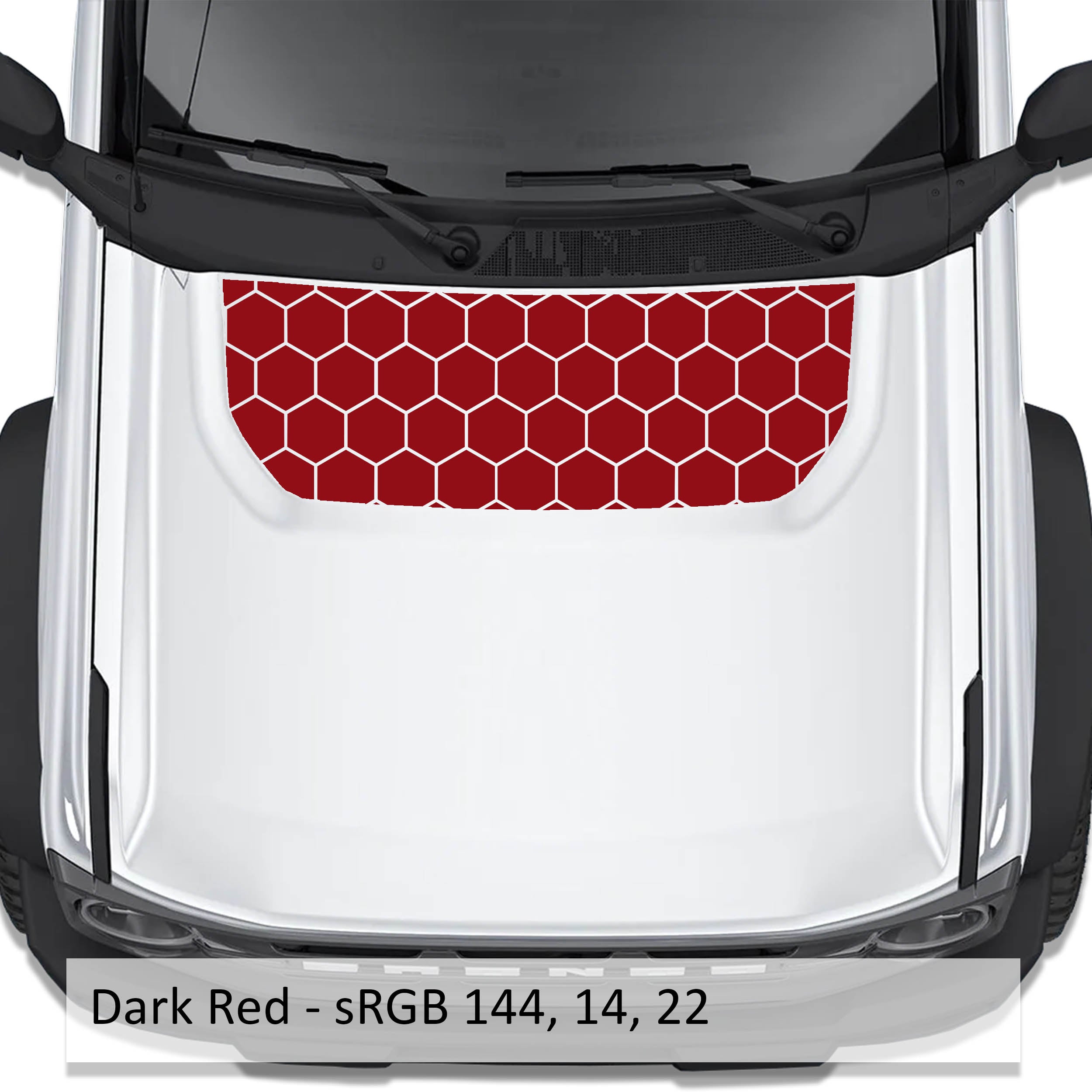Honeycomb Hex Mesh blackout hood vinyl decal in dark red shown installed on the hood of a 2021+ Ford Bronco