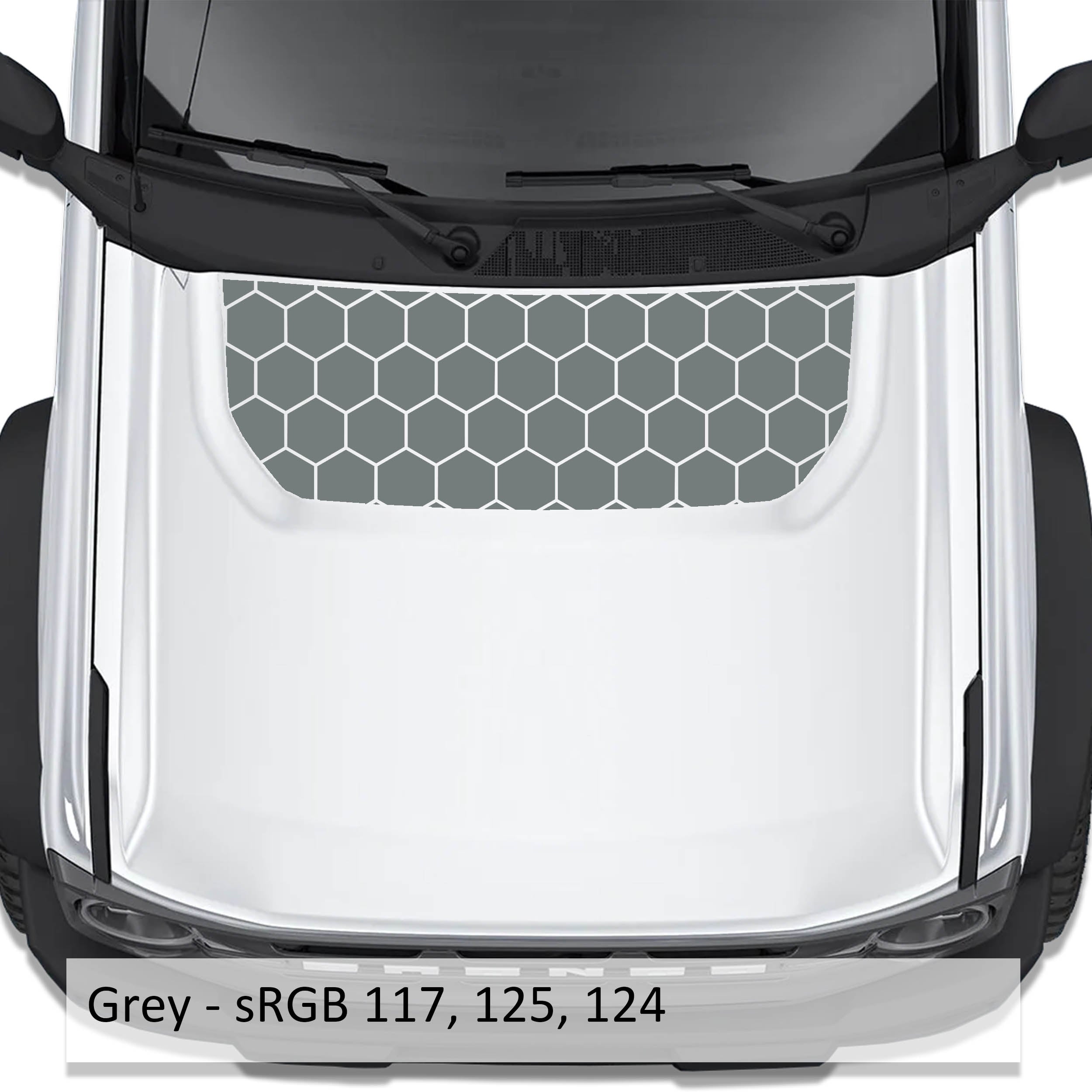 Honeycomb Hex Mesh blackout hood vinyl decal in gray shown installed on the hood of a 2021+ Ford Bronco